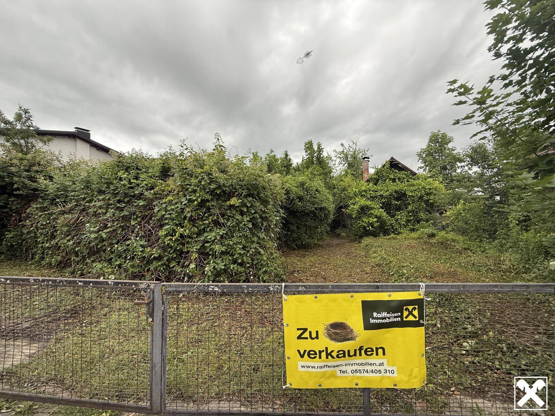 Verwildertes Grundstück, durch einen Zaun sichtbar, mit einem 'Zu verkaufen'-Schild.