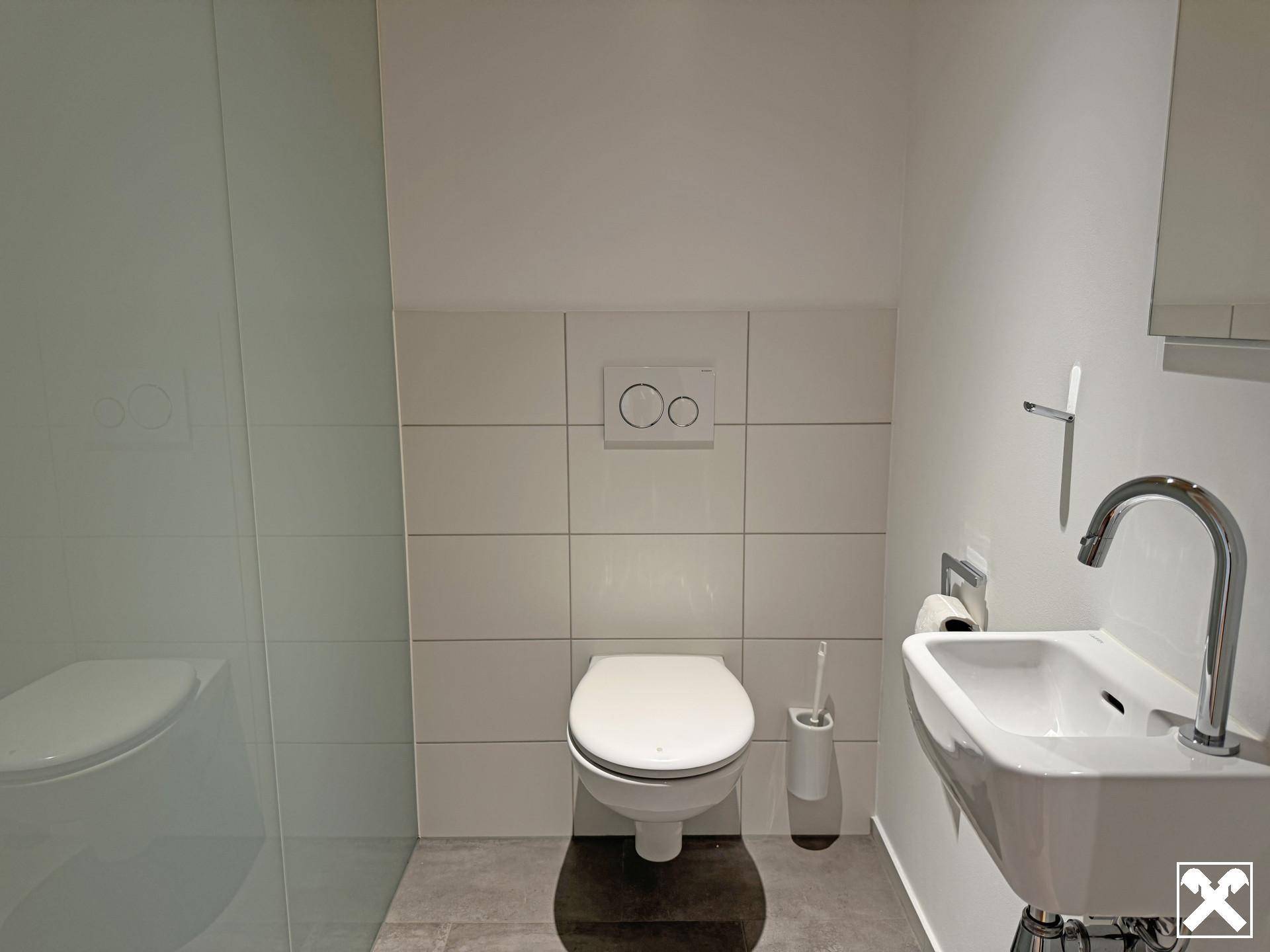 Separates WC mit wandhängender Toilette und kleinem Waschbecken in modernem Design.