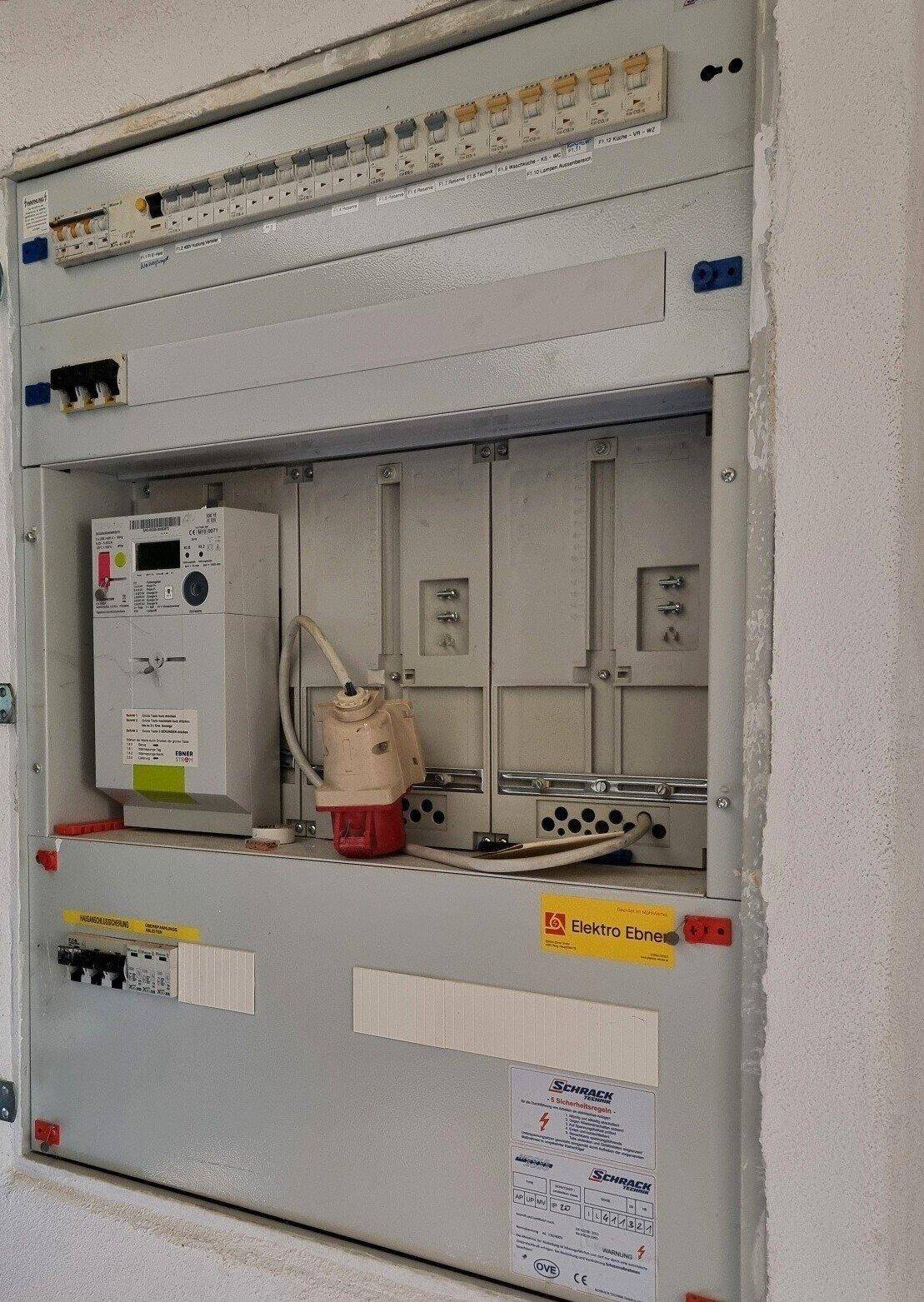 Elektrischer Sicherungskasten mit Zähler und verschiedenen Schaltern.