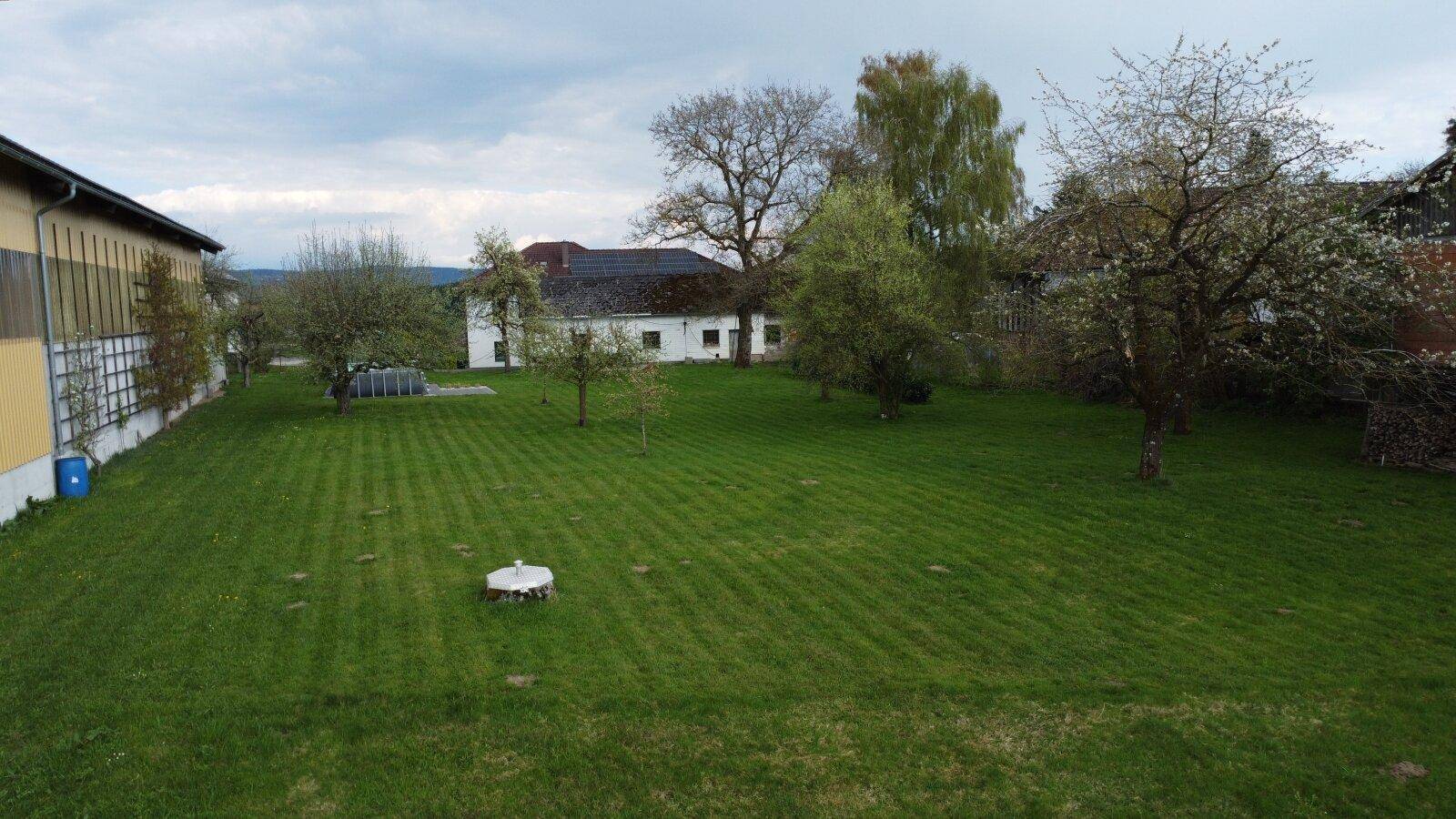 Großer, gepflegter Garten mit Rasenfläche, Obstbäumen und einem Aufstellpool im Hintergrund.