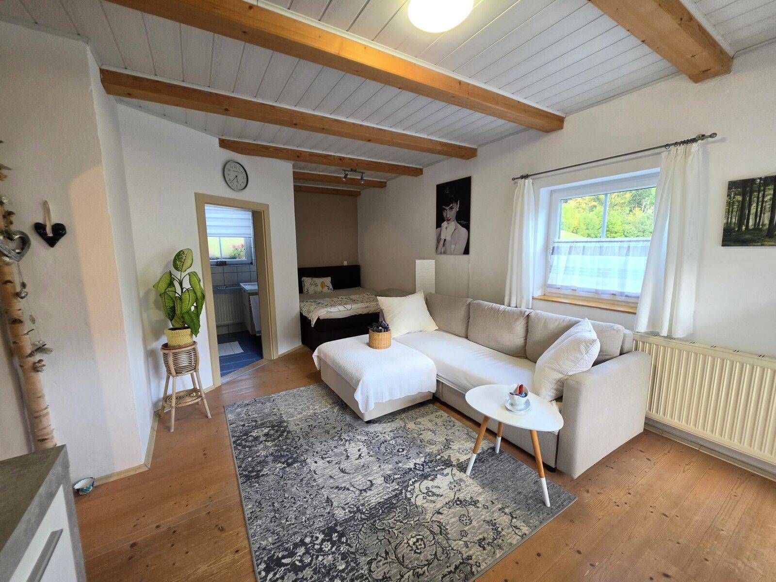 Helles Wohnzimmer mit Holzbalkendecke und gemütlichem Sofa, angrenzend an einen Schlafbereich.