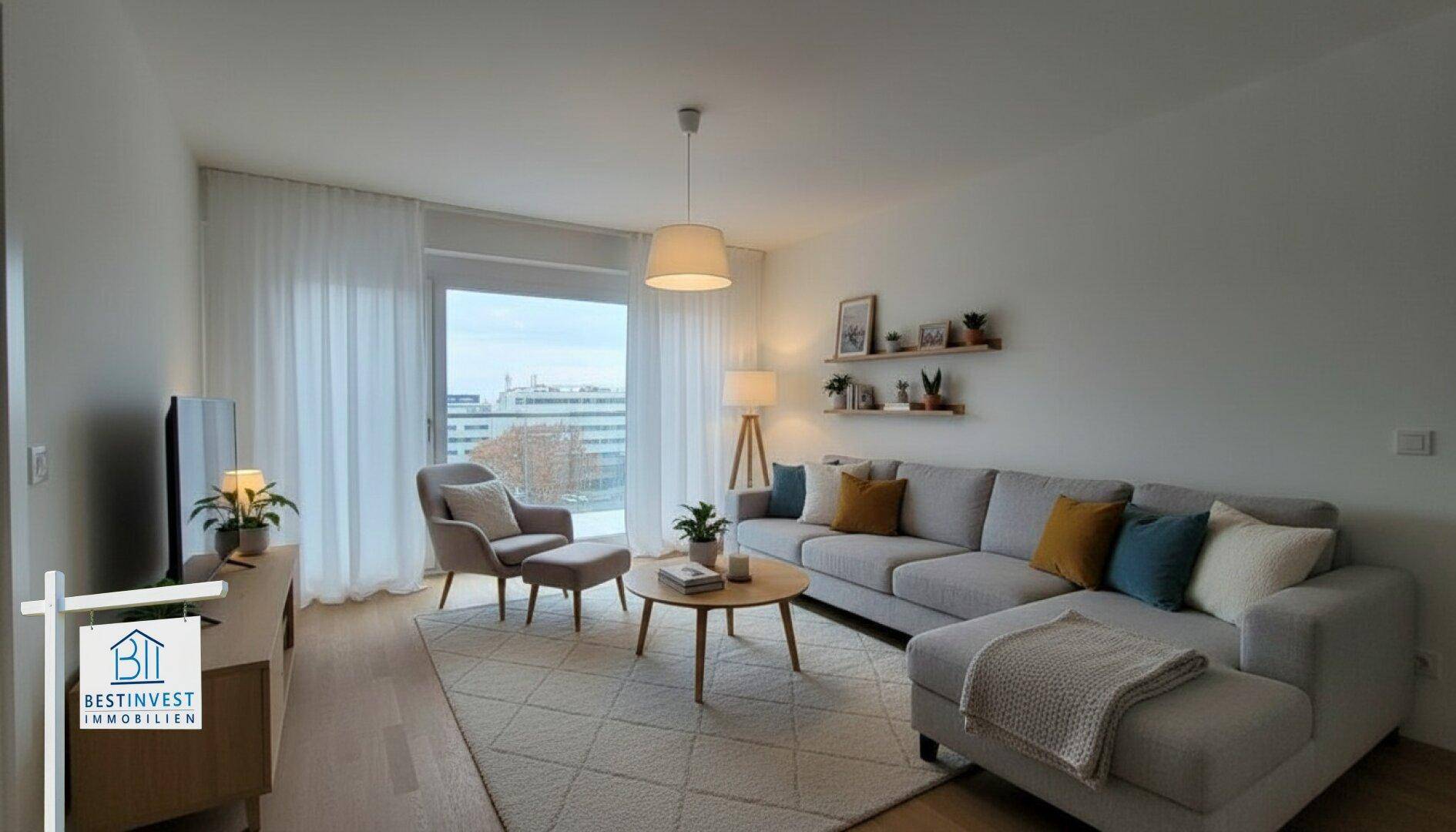 Helles, modern eingerichtetes Wohnzimmer mit großem Sofa und Zugang zum Balkon.