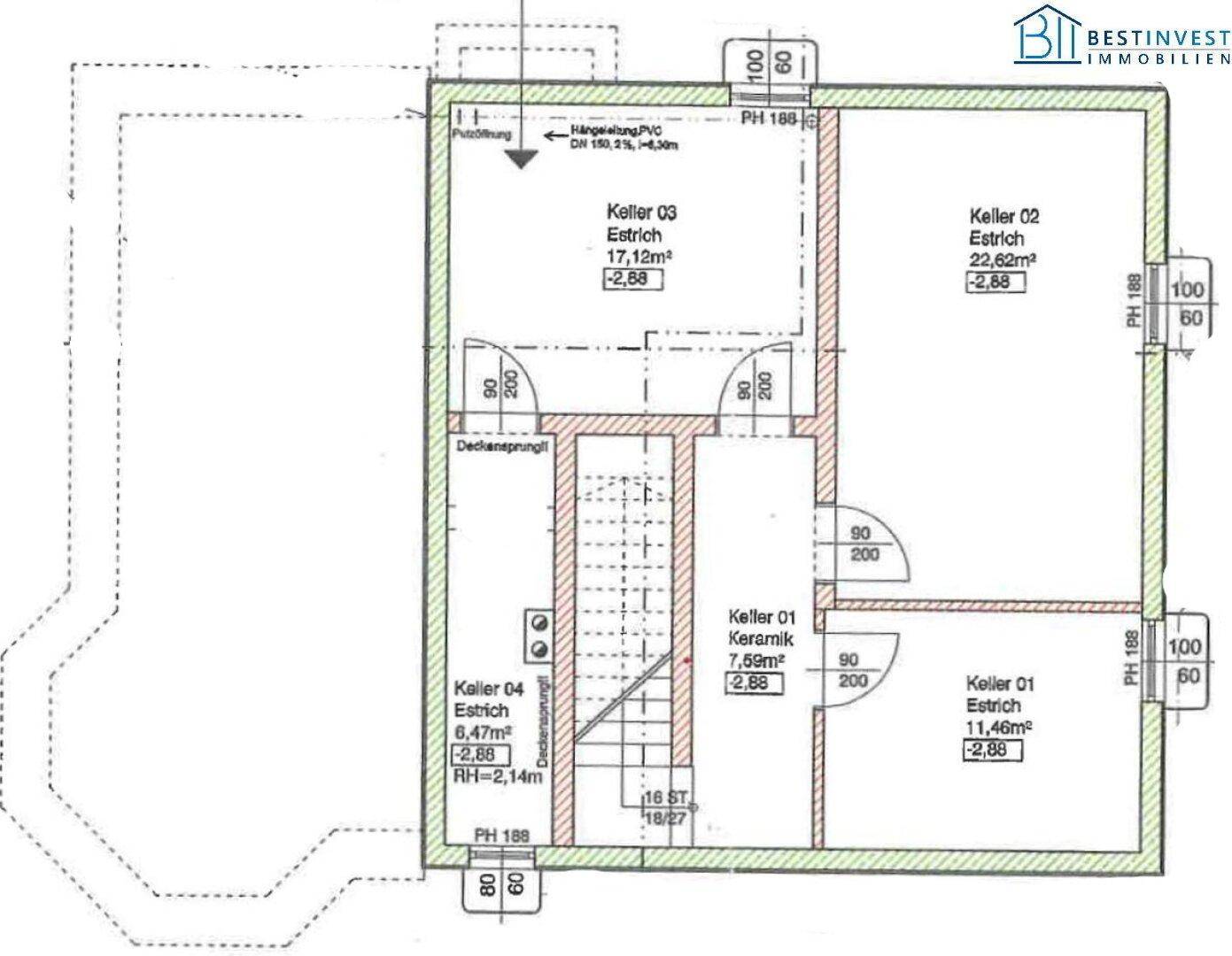 Grundriss des Kellers mit mehreren Kellerräumen und Treppenaufgang.