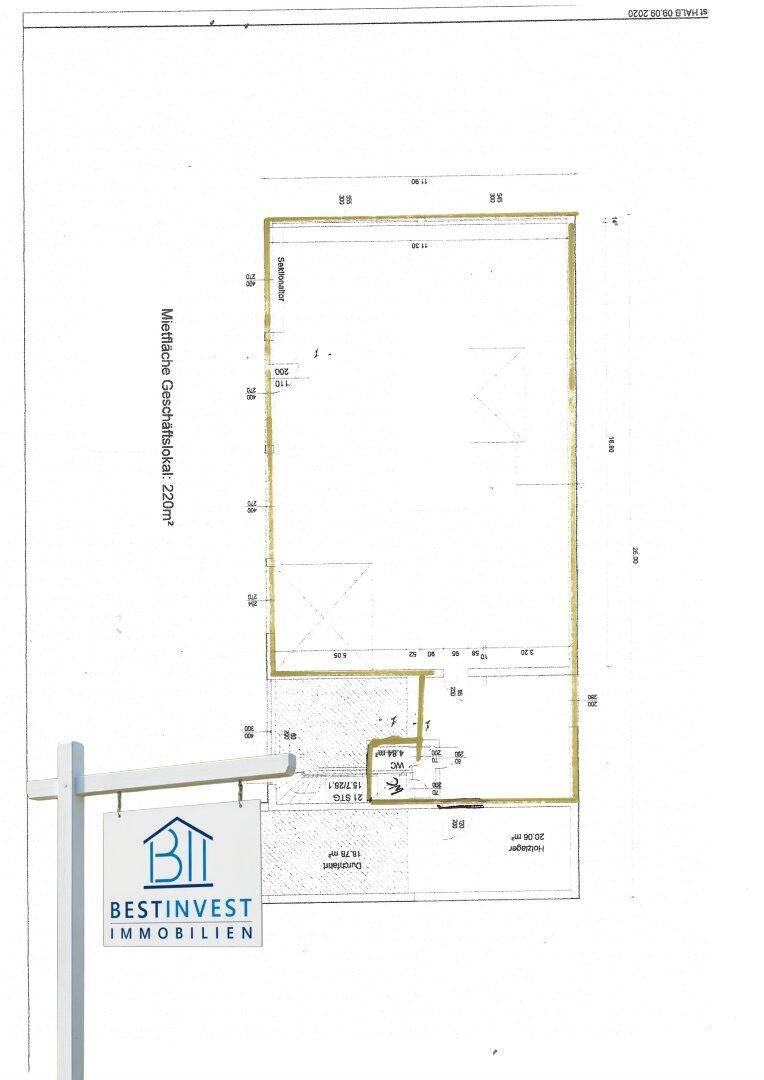 Grundriss einer Geschäftsfläche von 220m² mit verschiedenen Räumen und Abmessungen.