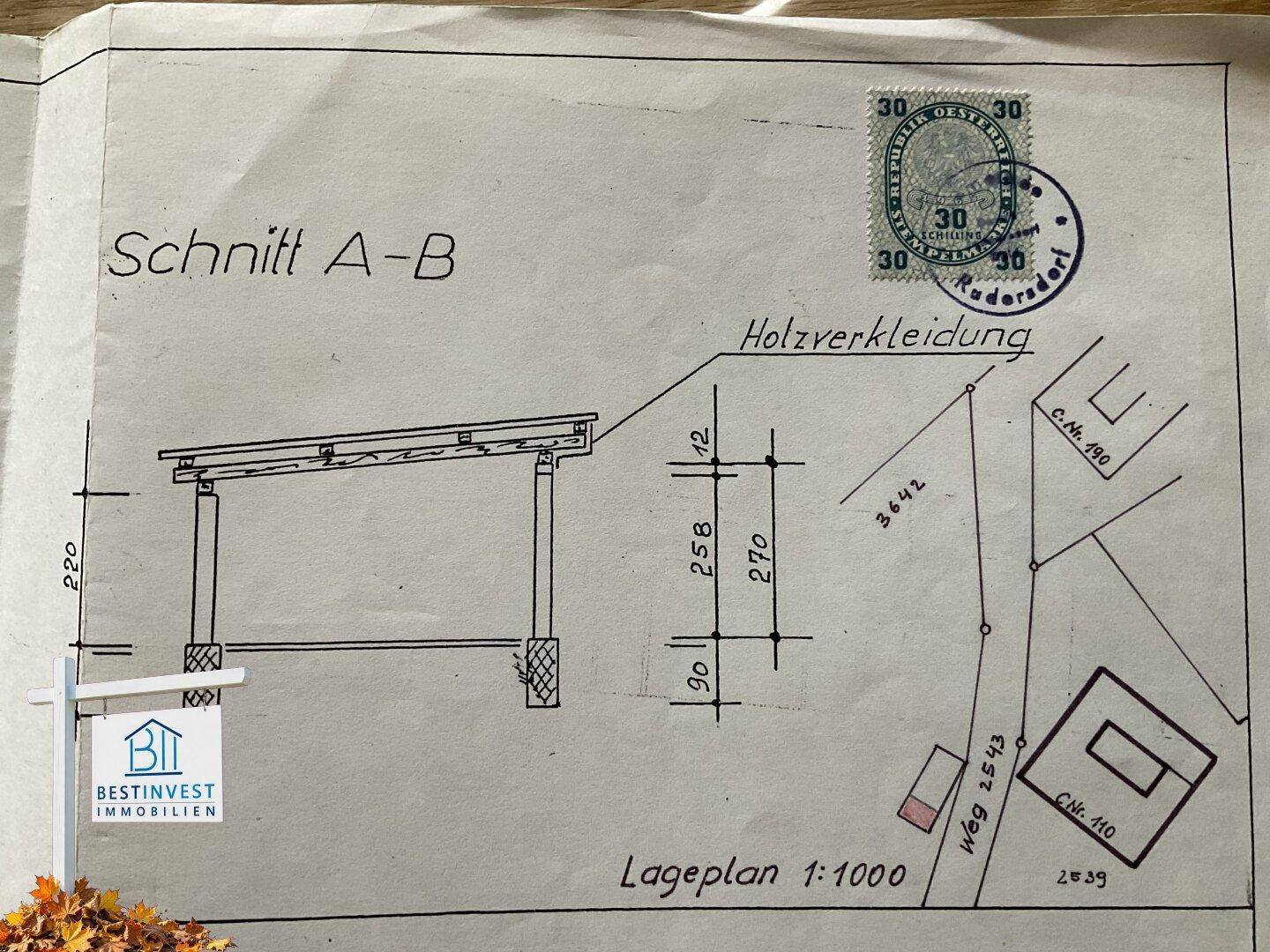 Lageplan 1:1000 und Schnittzeichnung A-B mit Maßangaben und Gebäudegrundriss.