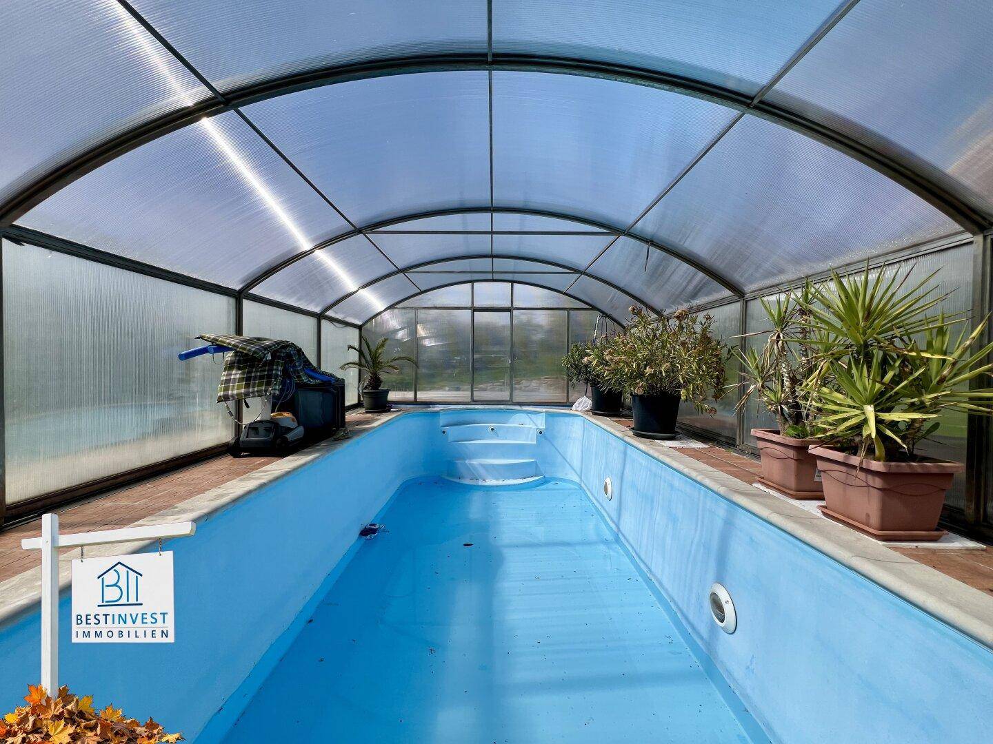 Innenansicht des überdachten Swimmingpools mit Pflanzen und Stufen ins Becken, hell und einladend.