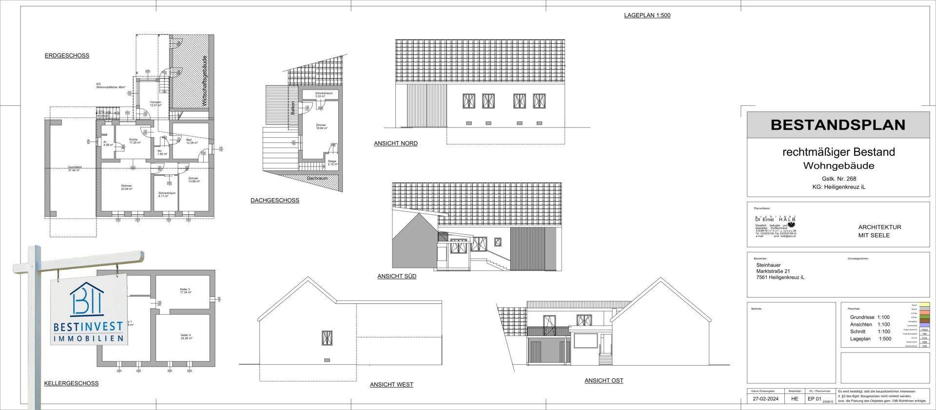 Architektonischer Bestandsplan des Wohngebäudes mit verschiedenen Ansichten und Grundrissen.