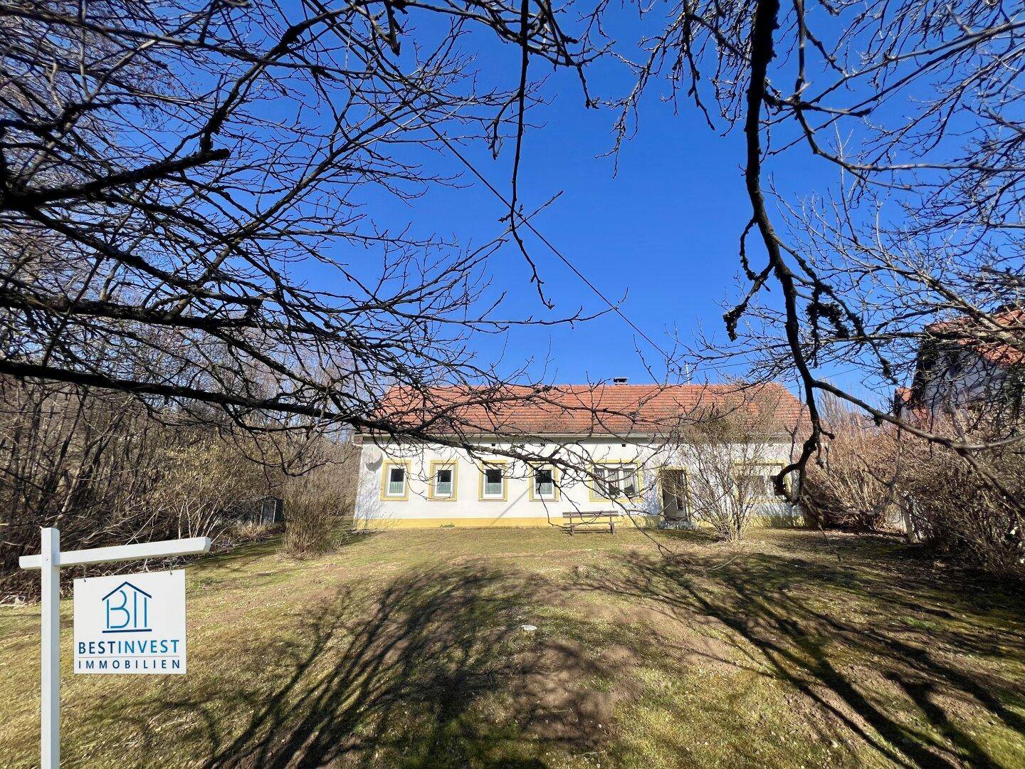 Das Haus eingebettet in eine grüne Landschaft, fotografiert durch die Äste kahler Bäume.