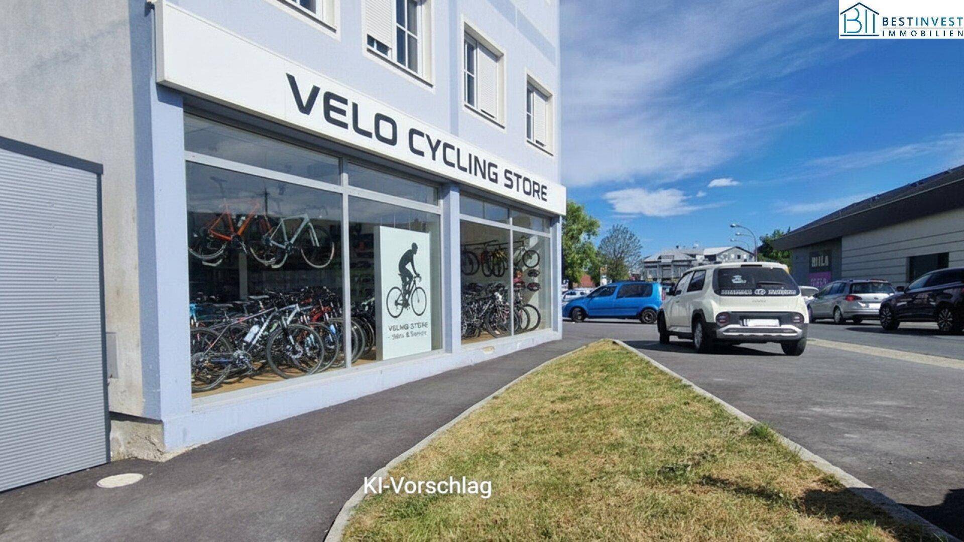 Nahaufnahme der Ladenfront eines Gebäudes mit der Aufschrift "VELO CYCLING STORE" und Fahrrädern in den Schaufenstern.