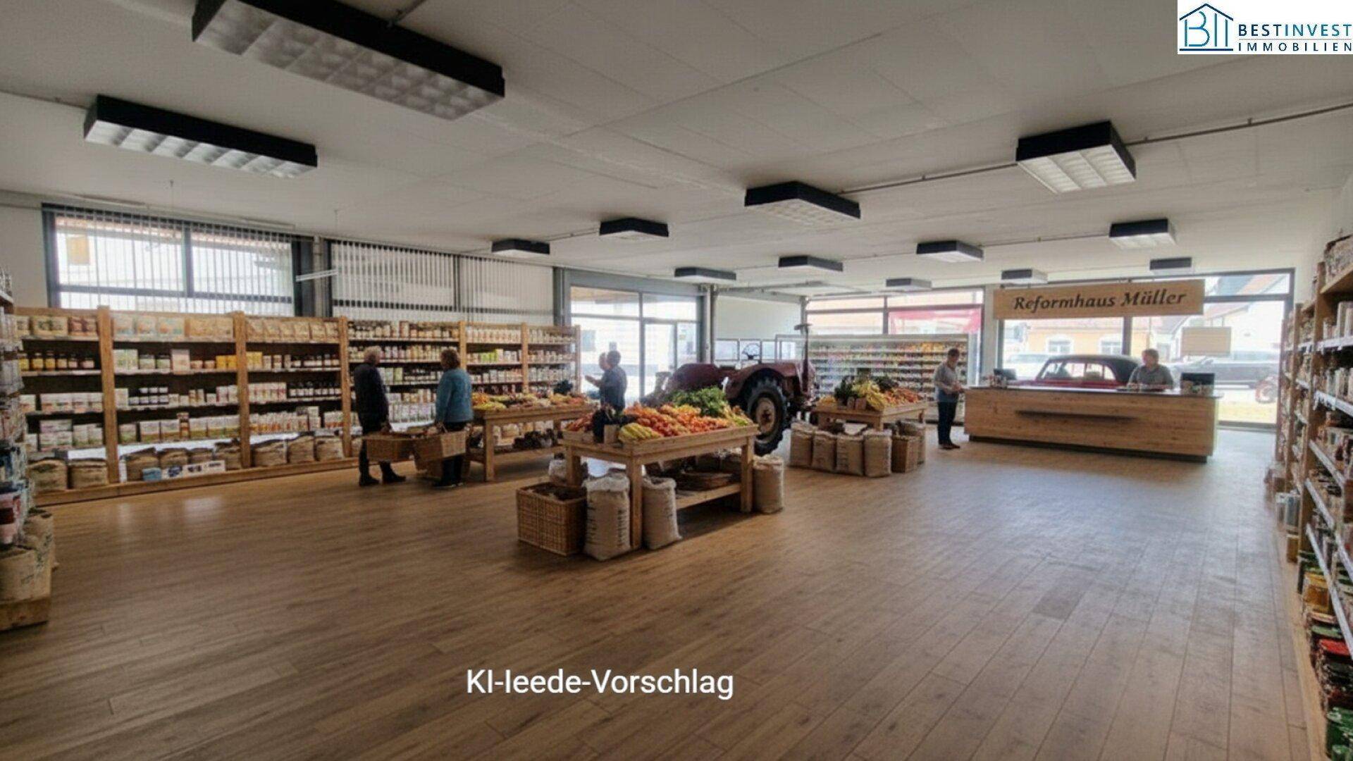 KI-generierter Vorschlag für einen Reformhaus-Laden mit Holzregalen und frischen Produkten in einem geräumigen Geschäftsbereich.