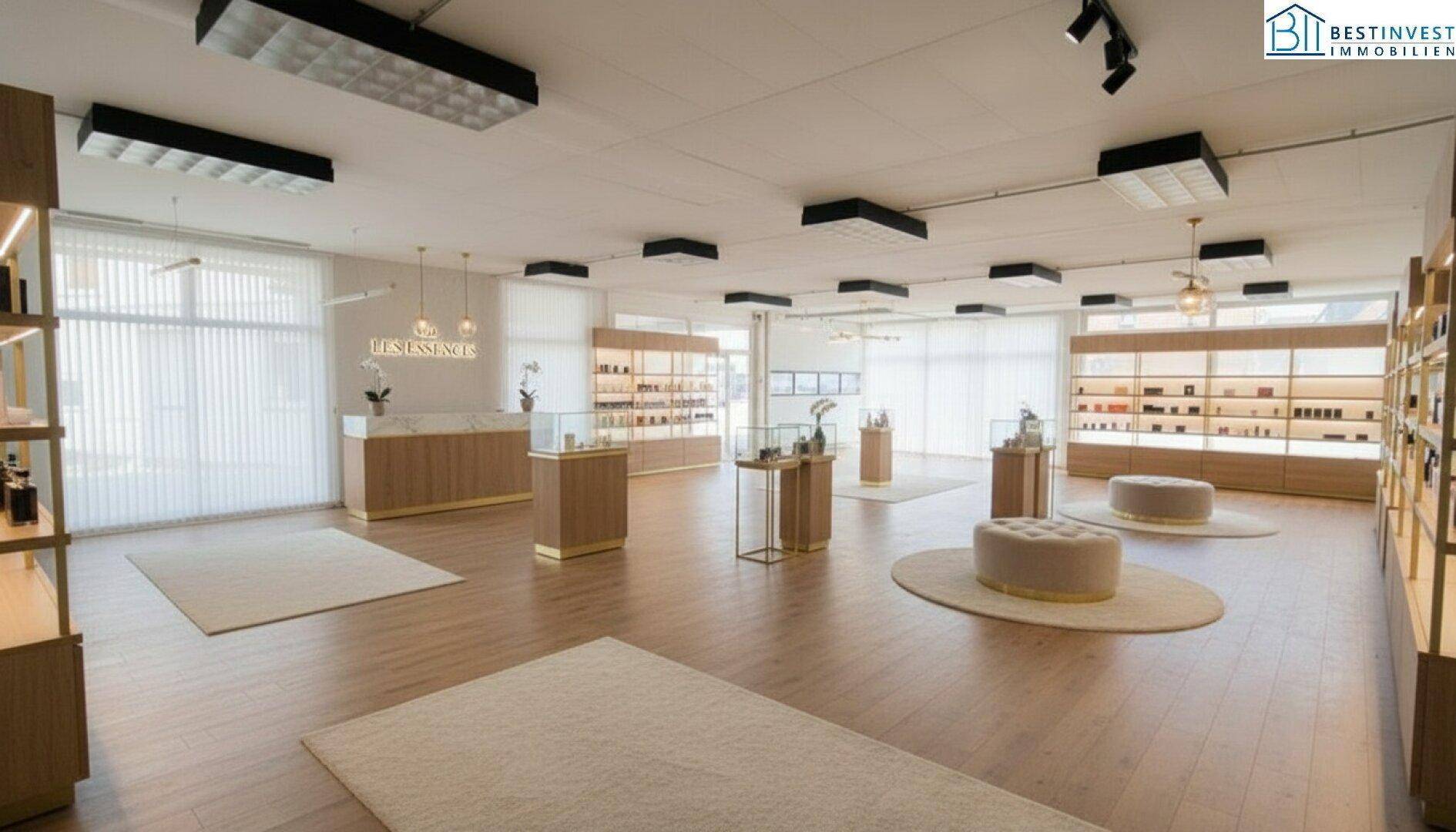 Heller, moderner Verkaufsraum mit Holzelementen, Teppichen und eleganten Vitrinen für Produkte.