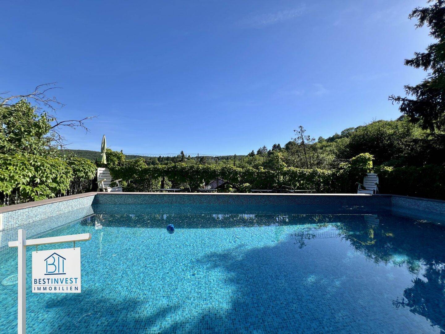 Weitläufiger Poolbereich mit weitem Blick über die grüne Landschaft unter blauem Himmel.