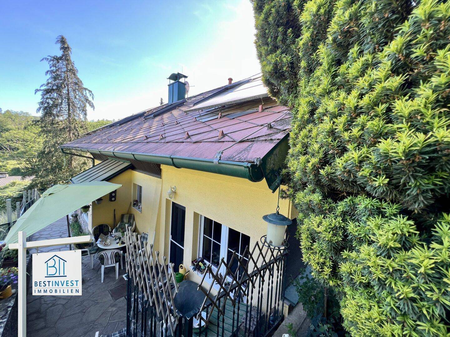 Seitliche Terrasse mit Sonnenschirm und Sitzgelegenheiten, umgeben von üppigem Grün und Bäumen.
