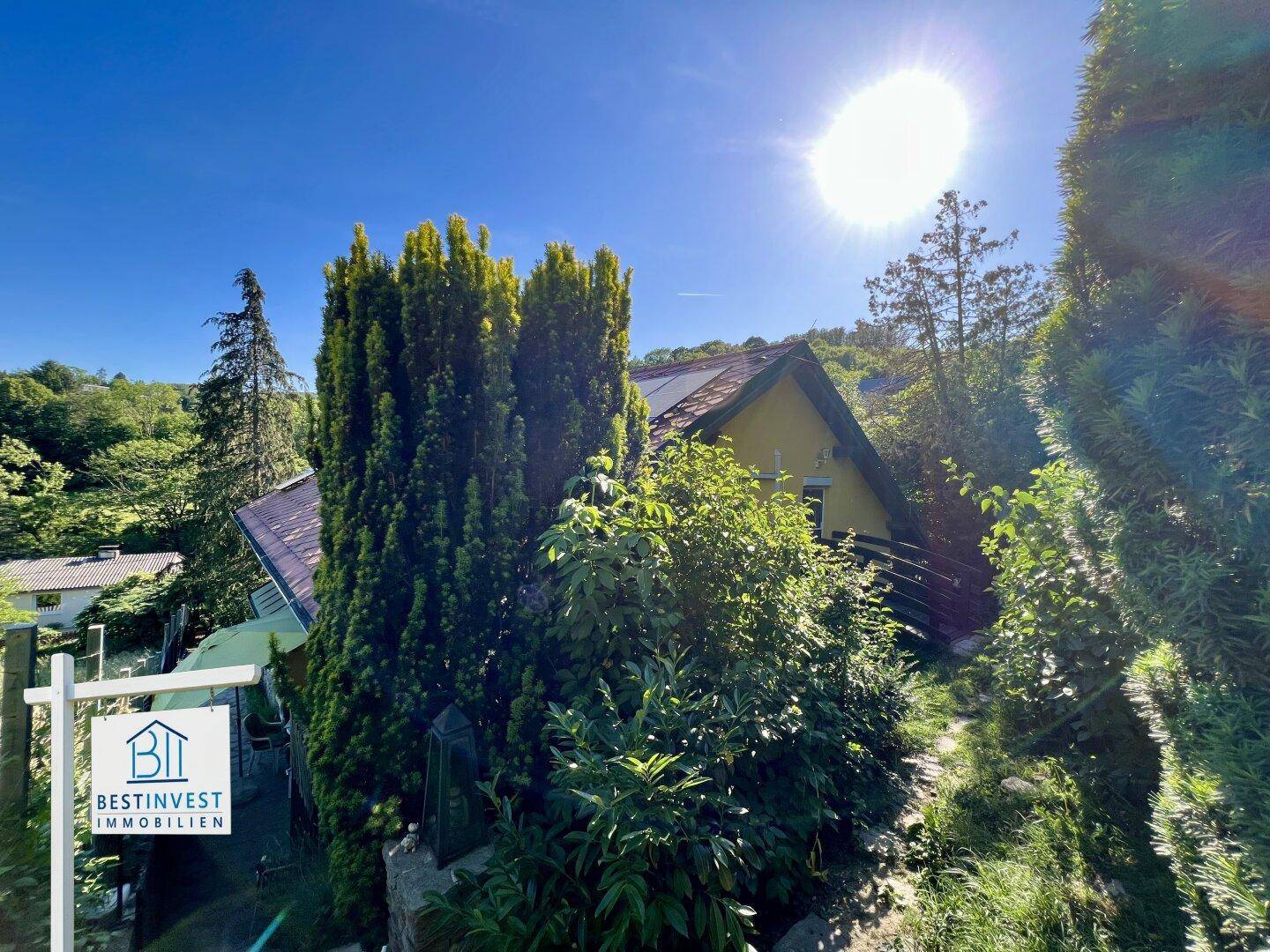 Das Haus eingebettet in eine grüne Hügellandschaft, umgeben von hohen Bäumen und Sträuchern.