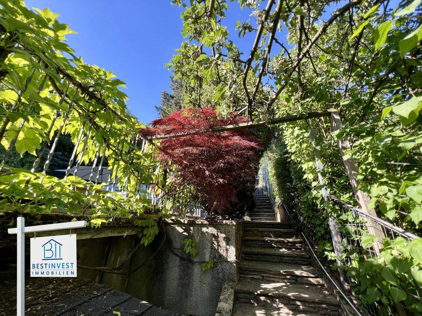 Steintreppe im Außenbereich, umgeben von dichtem Grün und Bäumen, führt bergauf.