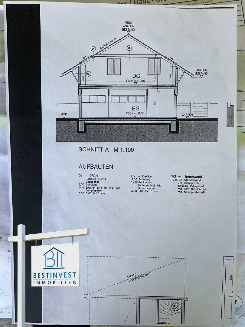 Architektonischer Schnitt des Gebäudes zeigt Erd- und Dachgeschoss sowie die Dachkonstruktion.