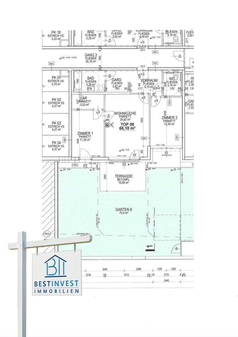 Grundriss der Wohnung mit Wohnküche, Zimmern, Terrasse und Garten.