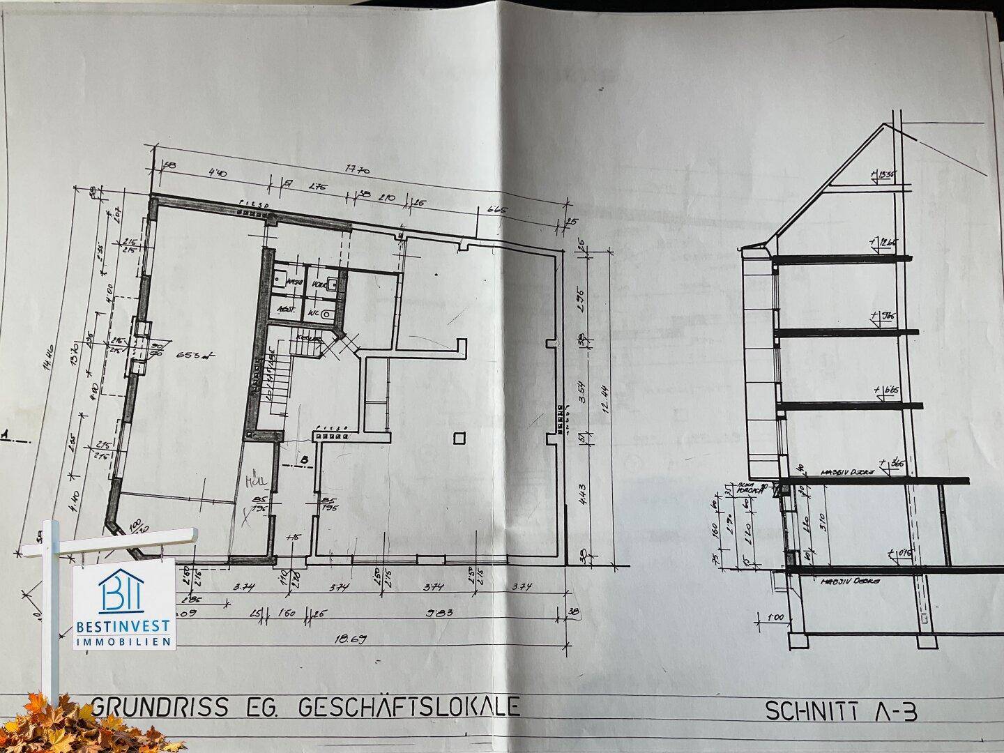Grundriss des Erdgeschosses mit Geschäftsflächen und einem Gebäudeschnitt.