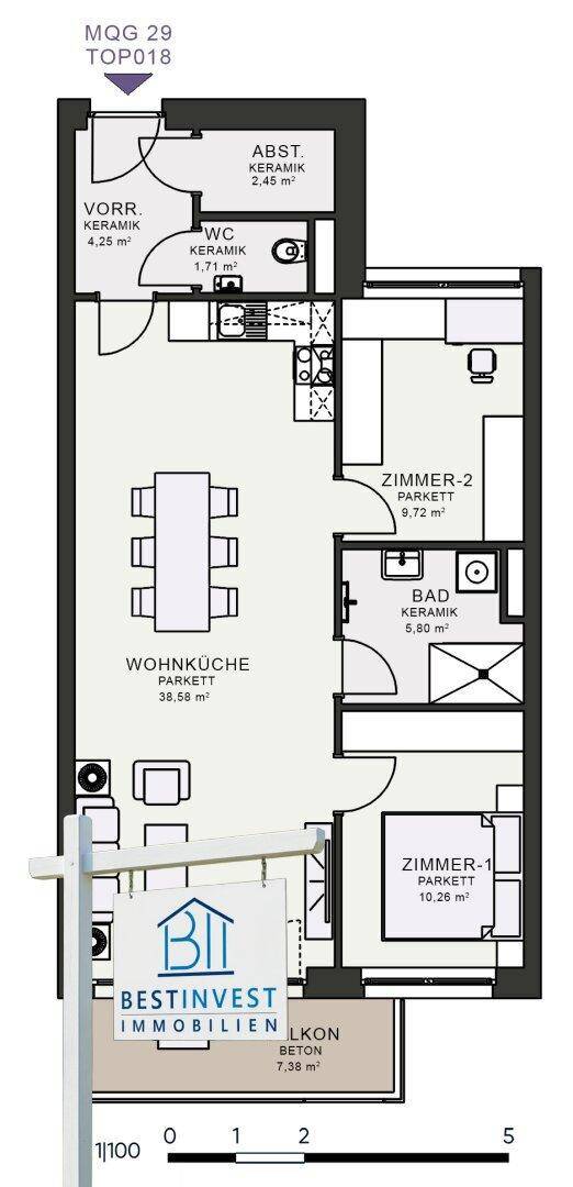 Detaillierter Grundriss der Wohnung mit verschiedenen Räumen und einem Balkon.