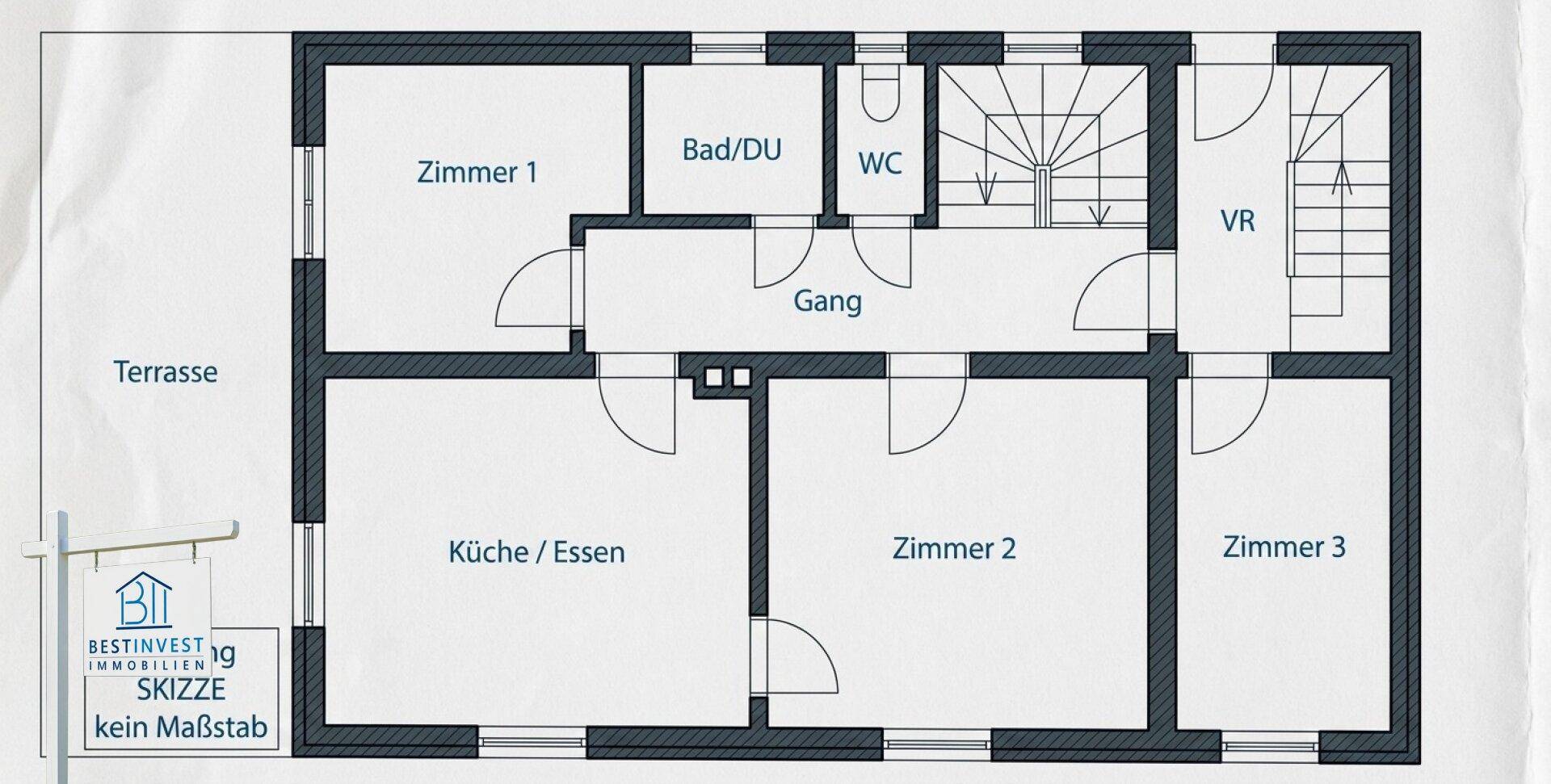 Grundriss des Erdgeschosses mit drei Zimmern, Küche, Bad, Gäste-WC und Terrasse.