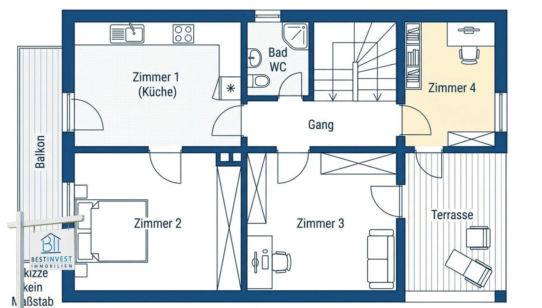Grundriss des Obergeschosses mit Küche, drei weiteren Zimmern, Bad, Balkon und Terrasse.