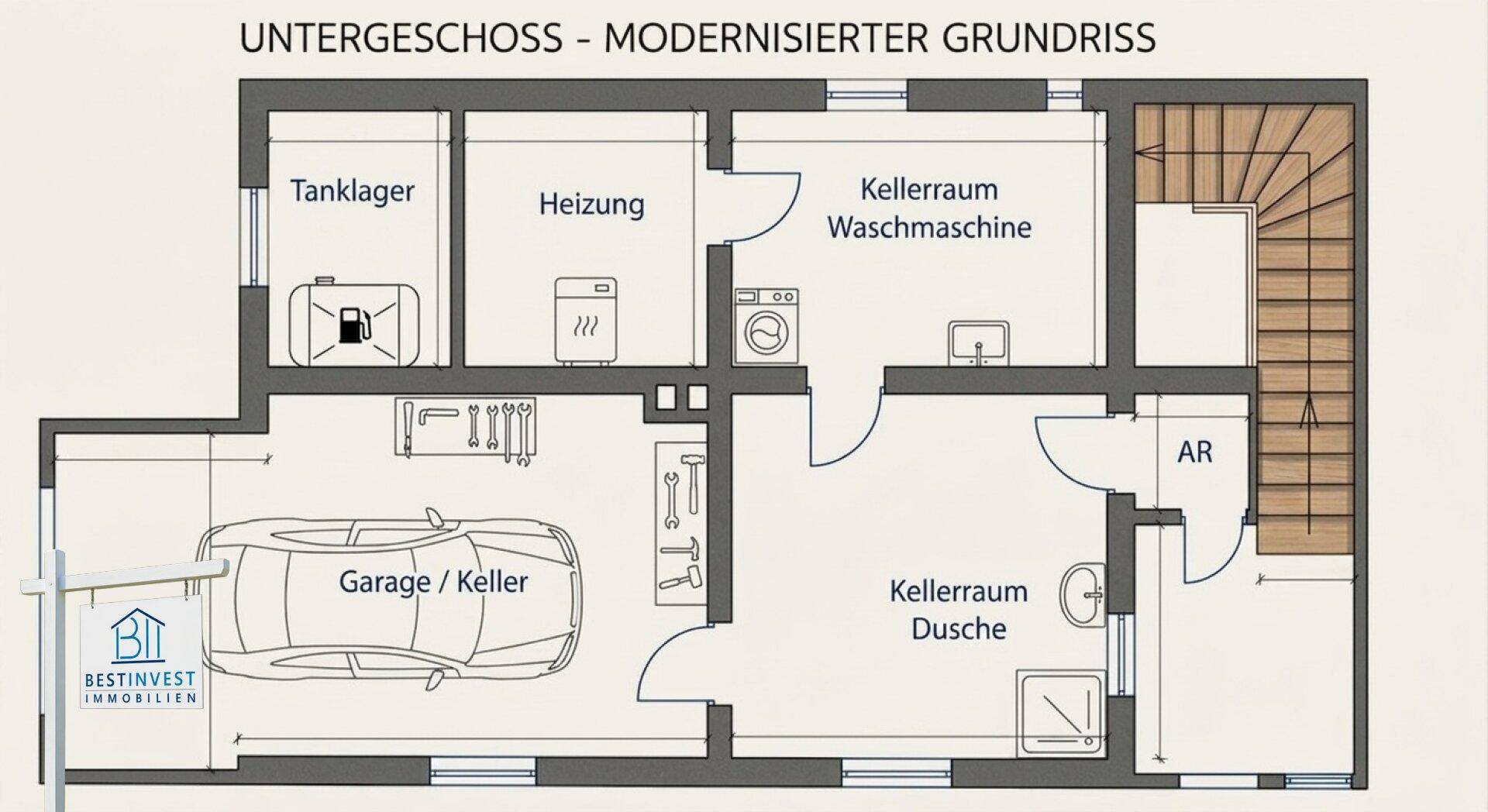 Modernisierter Grundriss des Untergeschosses mit Garage, Heizungsraum, Waschküche und Duschbereich.