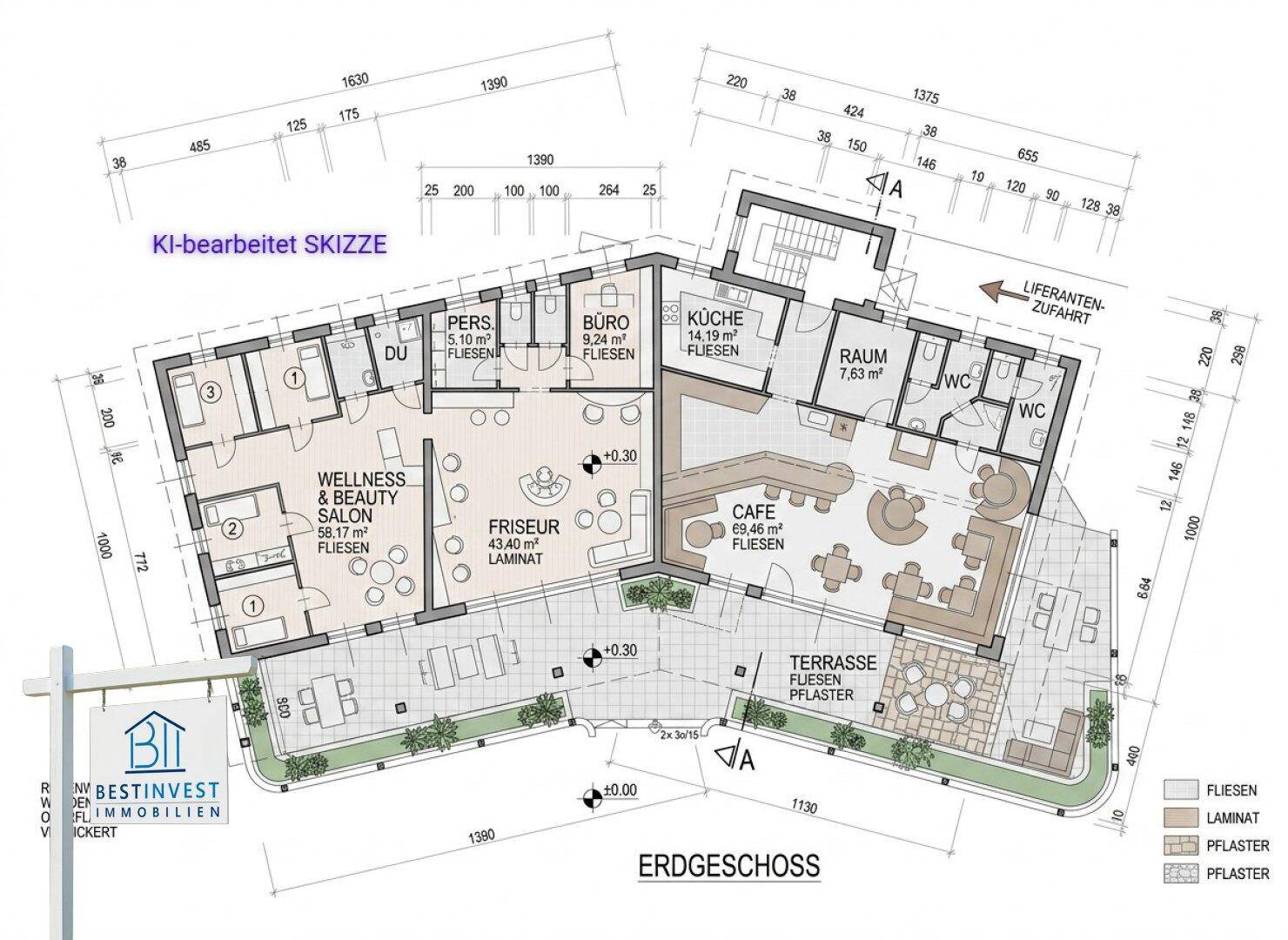 Grundriss des Erdgeschosses mit Gewerbeflächen, Café und großer Terrasse.