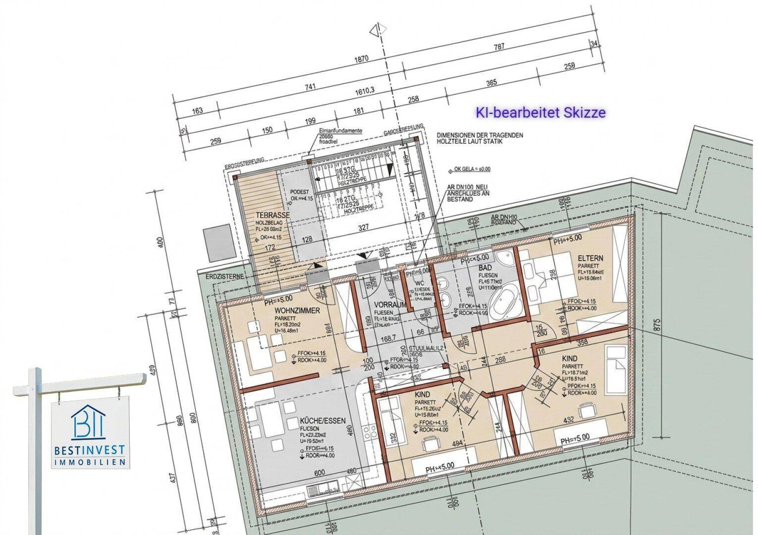 Grundriss des Obergeschosses mit Wohnzimmer, Küche, Bädern und Terrasse.