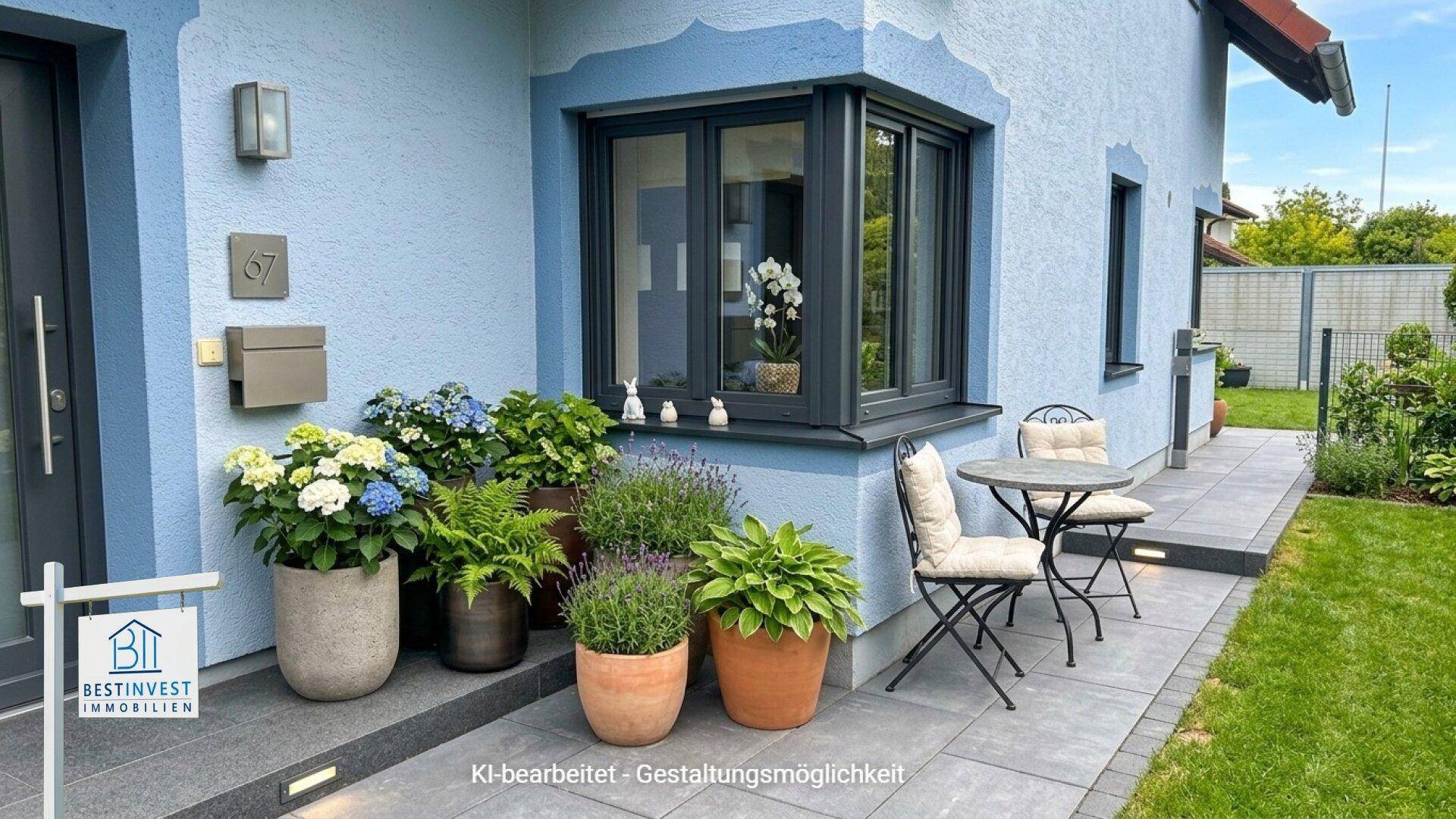 Einladender Eingangsbereich mit modernem Sitzplatz und Pflanzenarrangements.