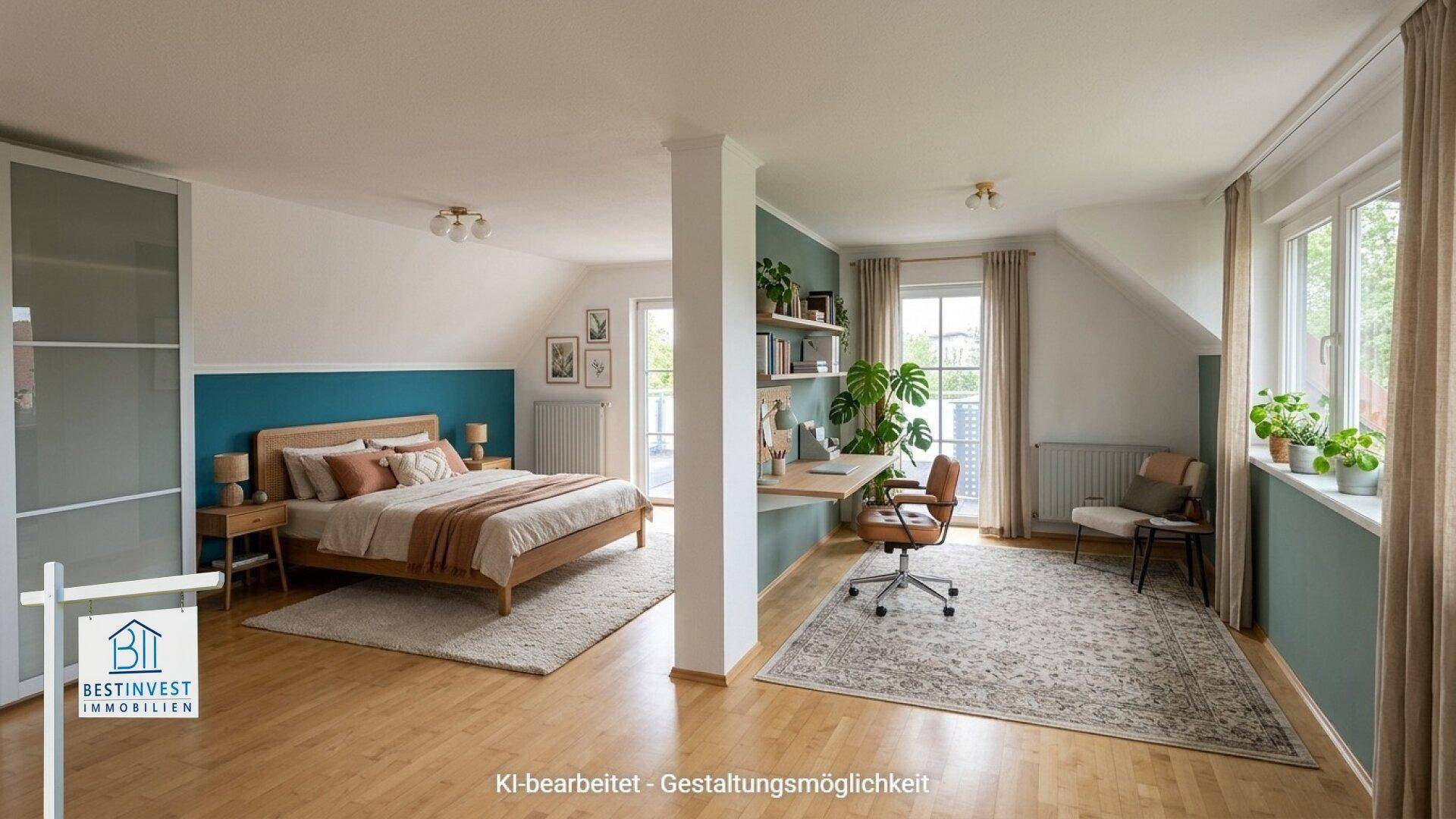 Modern eingerichtetes Schlafzimmer im Dachgeschoss mit Holzboden und Arbeitsbereich.