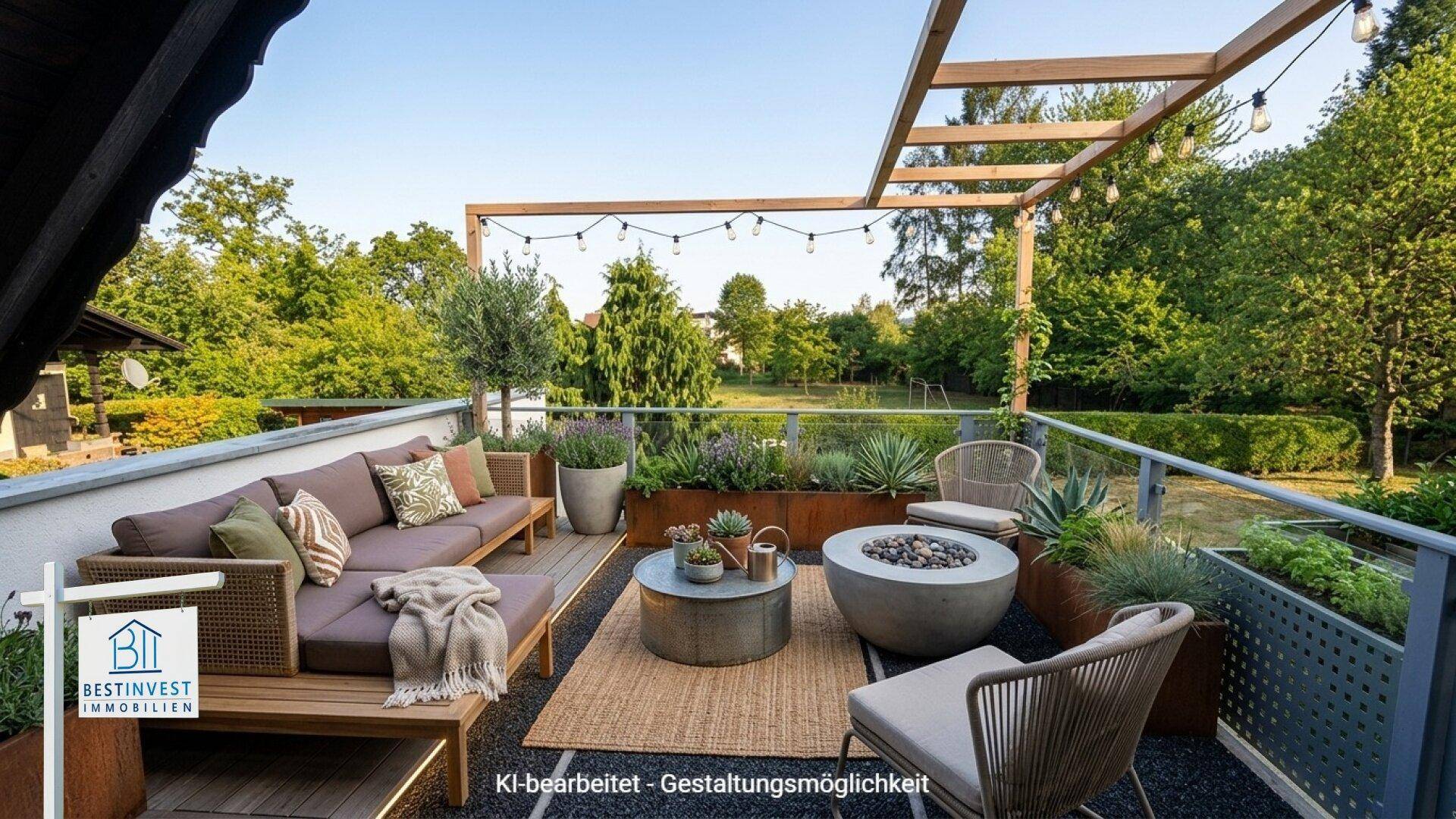 Stilvoll gestalteter Balkon mit Sitzgelegenheiten, Pflanzen und Feuerstelle.