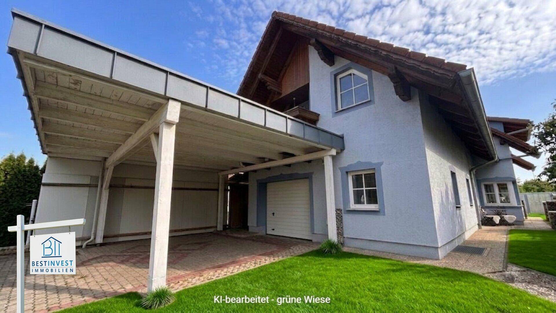 Einfamilienhaus mit Carport, Garage und gepflegtem Vorgarten.