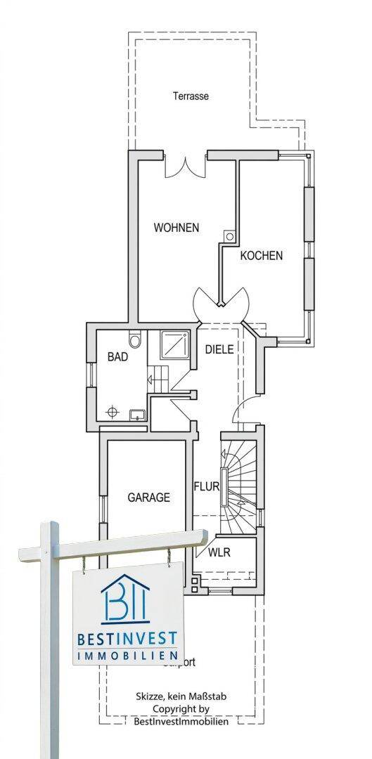 Grundriss des Erdgeschosses mit Wohnzimmer, Küche, Bad und Garage, inklusive Terrasse.
