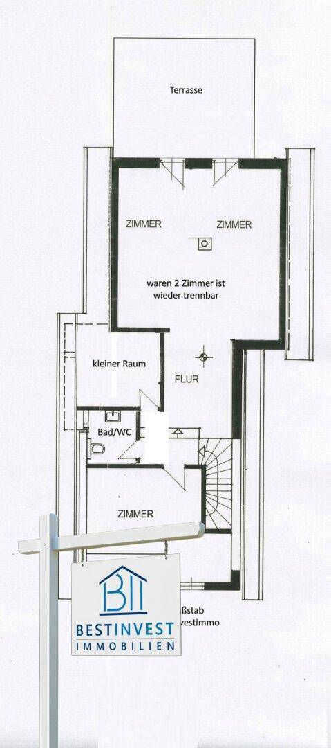 Grundriss des Obergeschosses mit mehreren Zimmern, Bad und Terrasse, sowie einem kleinen Raum.