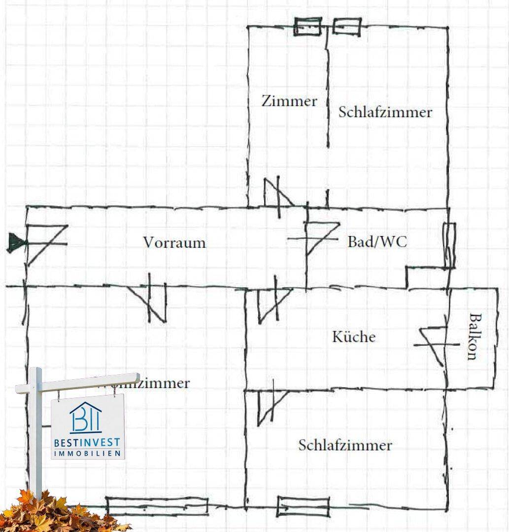Handgezeichneter Grundriss einer Wohnung mit mehreren Zimmern, Bad/WC und Balkon.