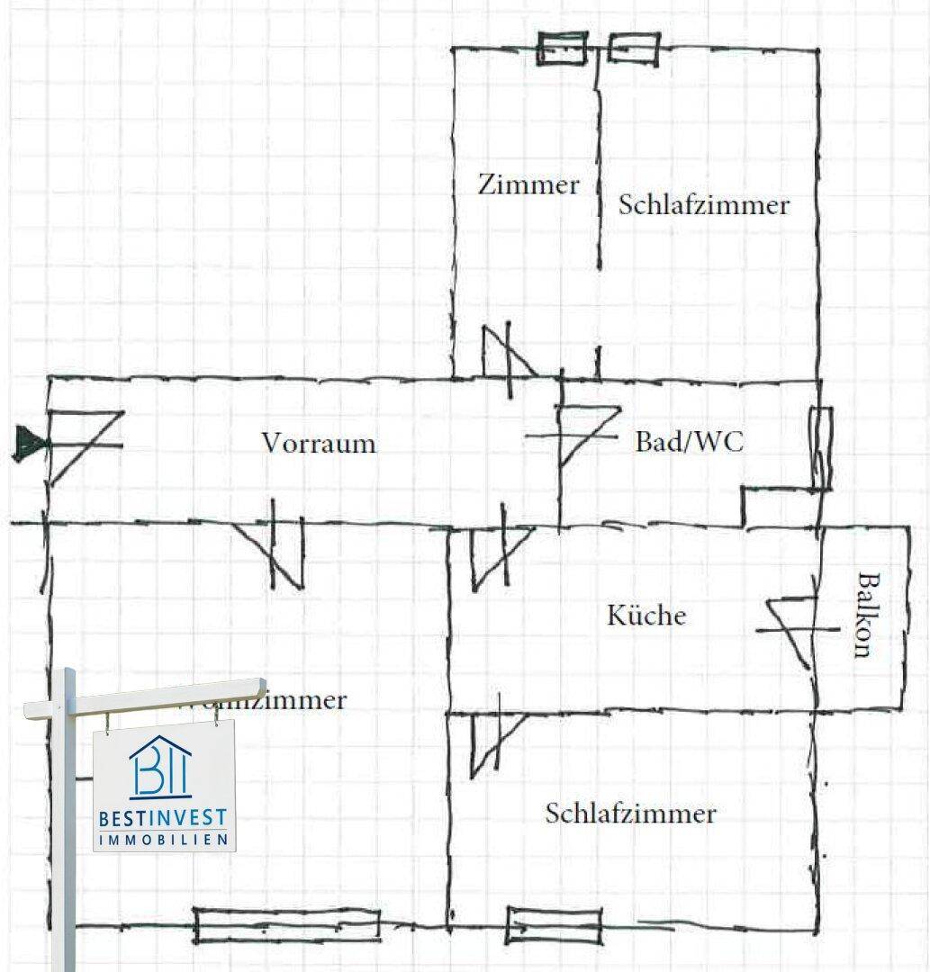 Handgezeichneter Grundriss mit Aufteilung in Zimmer, Schlafzimmer, Bad/WC, Küche und Balkon.