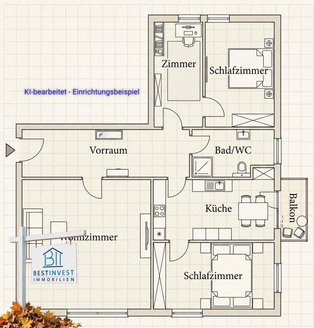 Detaillierter Grundriss einer Wohnung mit Möblierung, mehreren Zimmern, Bad/WC und Balkon.
