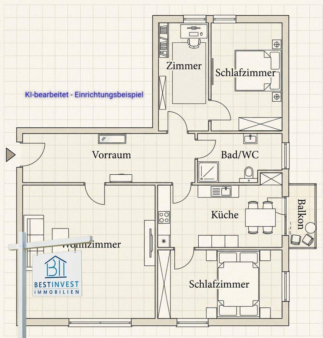 Detaillierter Grundriss mit virtueller Möblierung, zeigt Zimmer, Küche, Bad und Balkon.