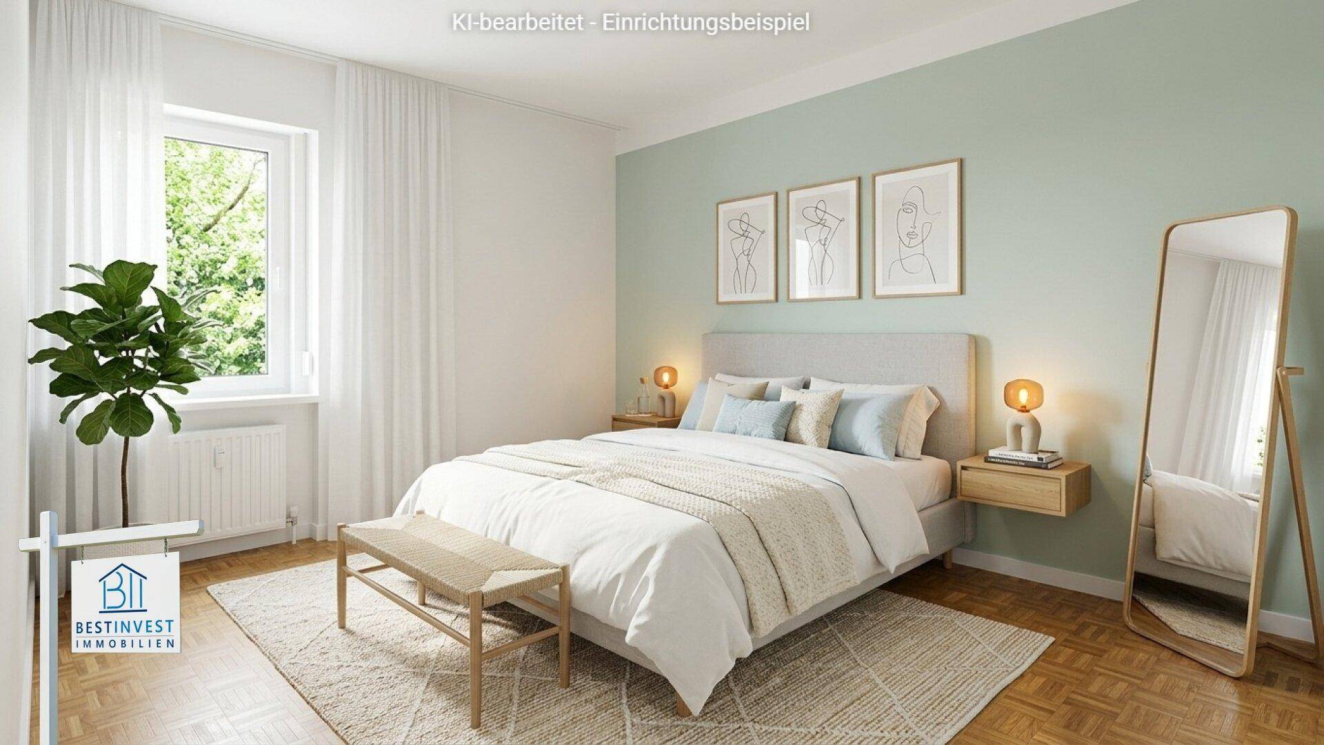 Virtuell eingerichtetes Schlafzimmer mit modernem Bett, Spiegel und Blick ins Grüne.