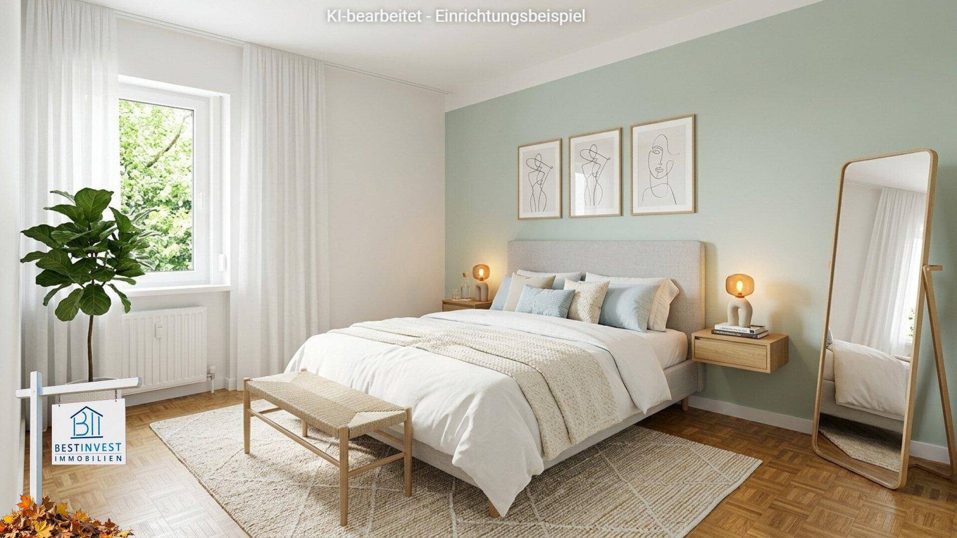 Modernes, virtuell eingerichtetes Schlafzimmer mit hellem Bett, Teppich und Fensterblick.