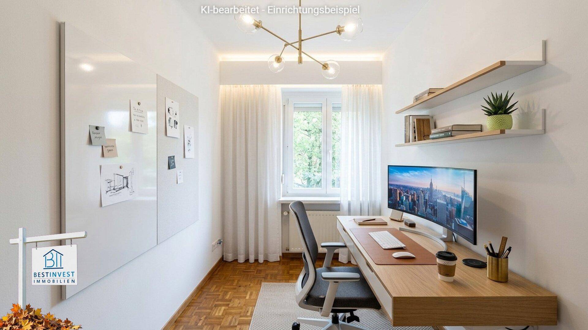 Modernes, virtuell eingerichtetes Arbeitszimmer mit Schreibtisch, Regal und Fensterblick.