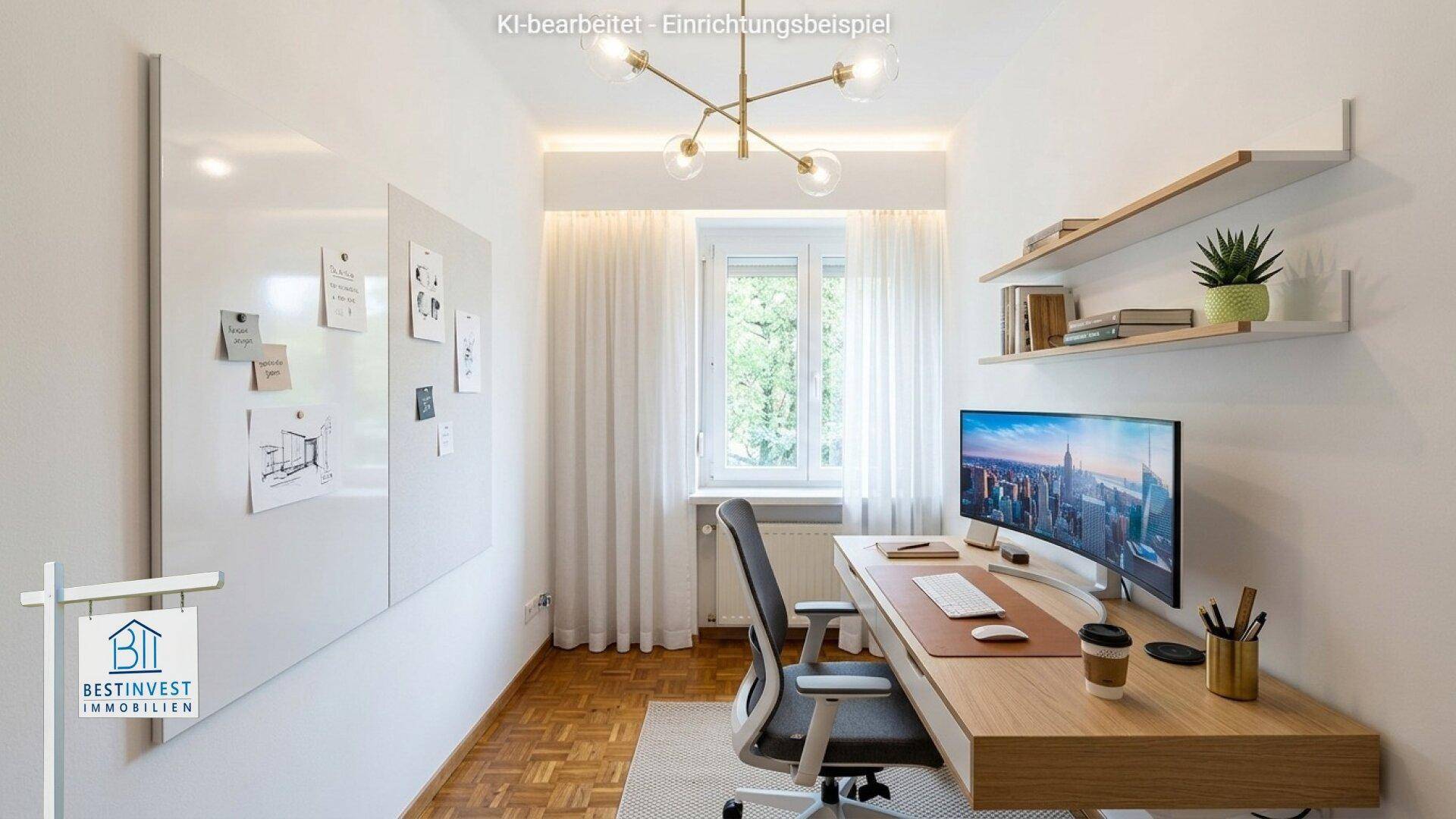 Virtuell eingerichtetes Arbeitszimmer mit Schreibtisch, Regalen und Blick ins Grüne.