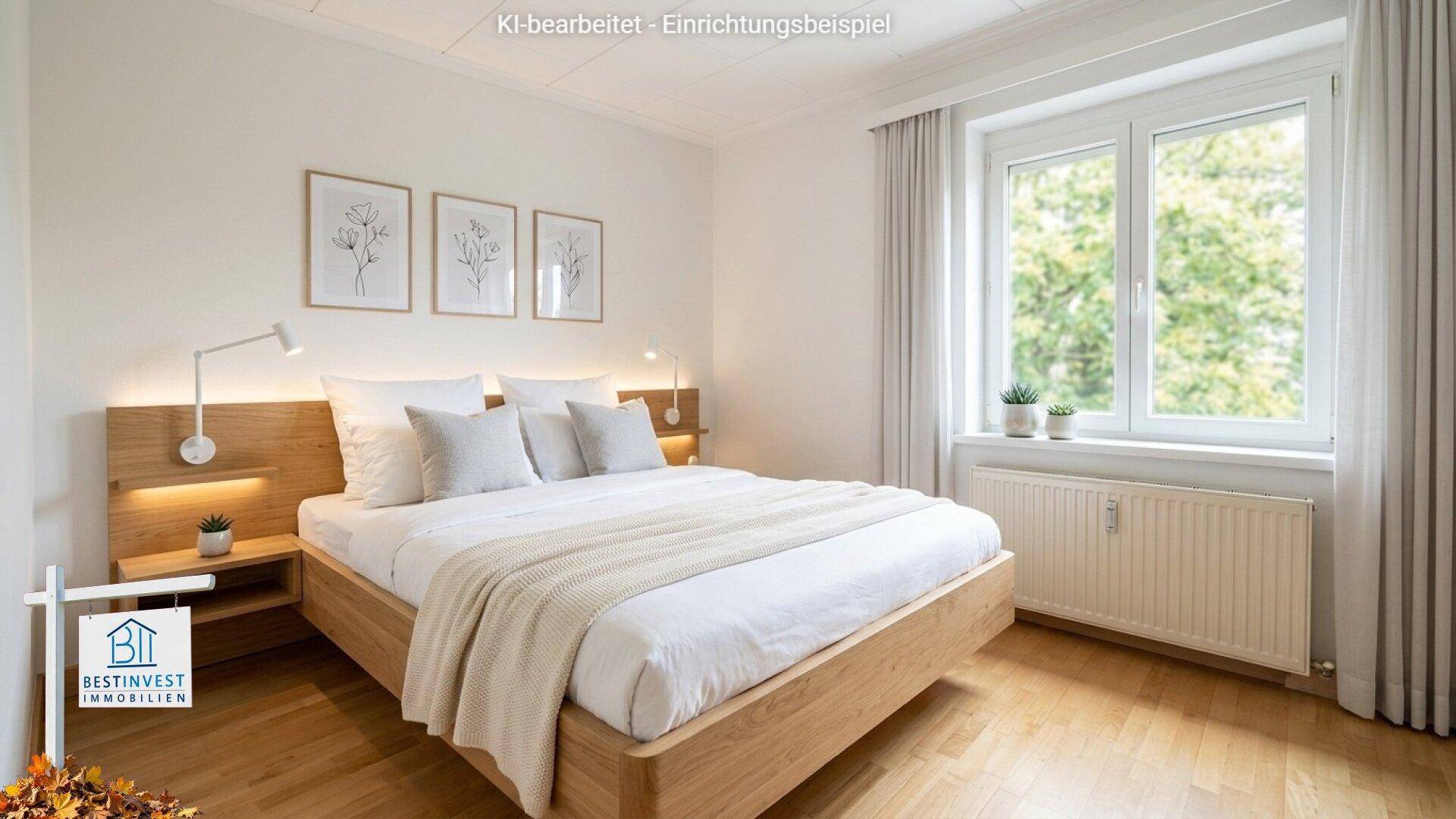 Helles, virtuell eingerichtetes Schlafzimmer mit Holzbett, Nachttischen und großem Fenster.