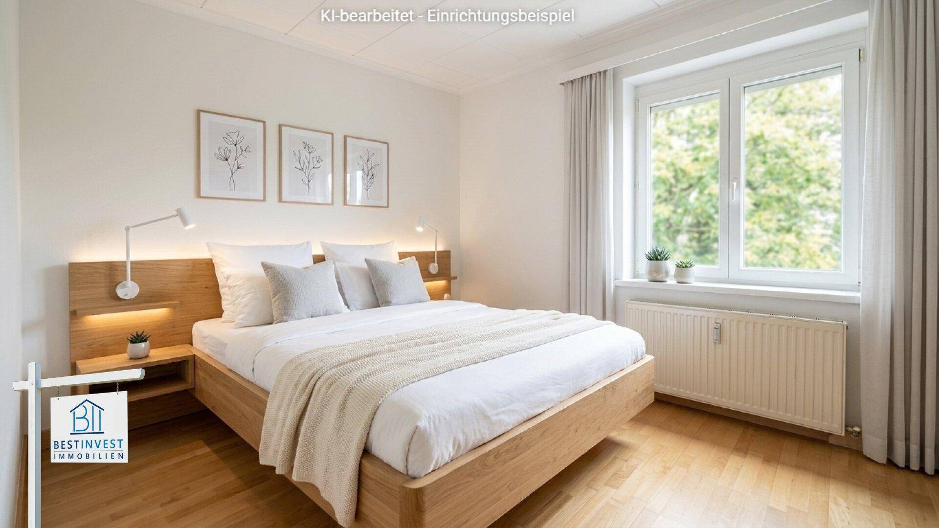 Virtuell eingerichtetes Schlafzimmer mit Holzbett, Nachttischen und viel Tageslicht.