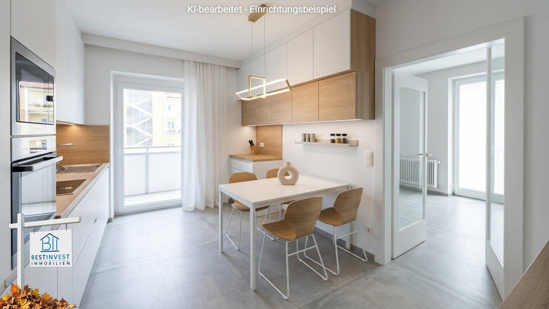 Moderne, virtuell eingerichtete Küche mit Essbereich, Holzelementen und Balkonzugang.
