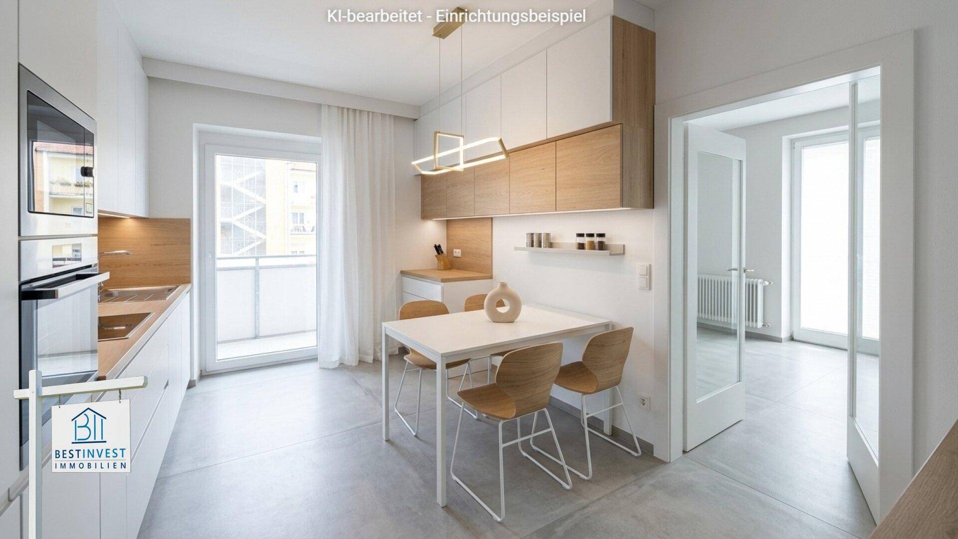 Virtuell eingerichtete moderne Küche mit Essbereich und Zugang zum Balkon.