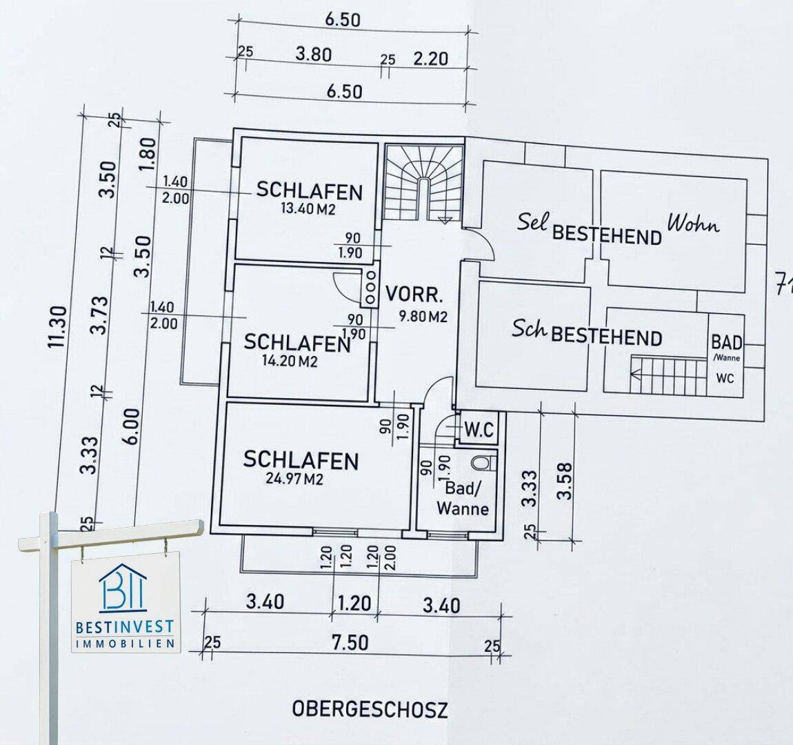 Grundriss des Obergeschosses mit drei Schlafzimmern, Bad und separatem WC.