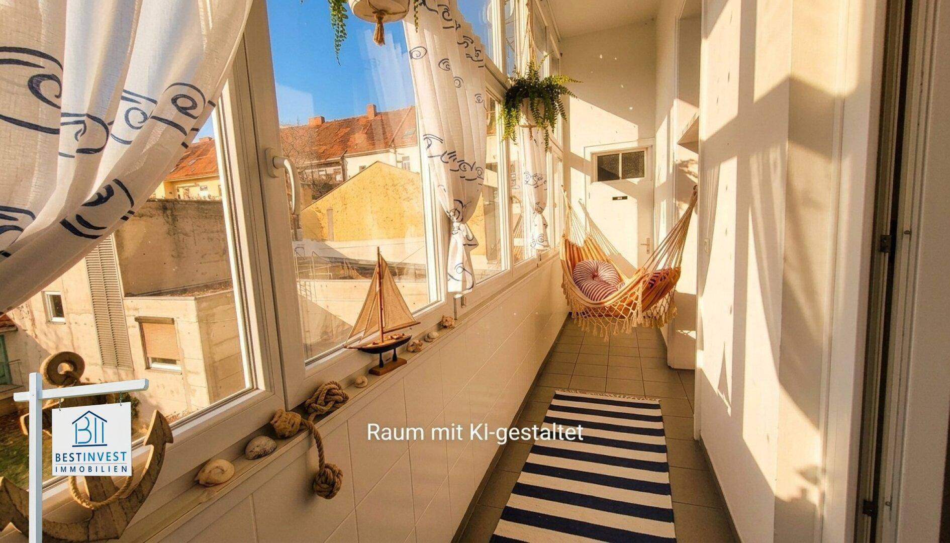 Sonniger, verglaster Balkon mit Hängematte und Blick auf die umliegenden Gebäude.