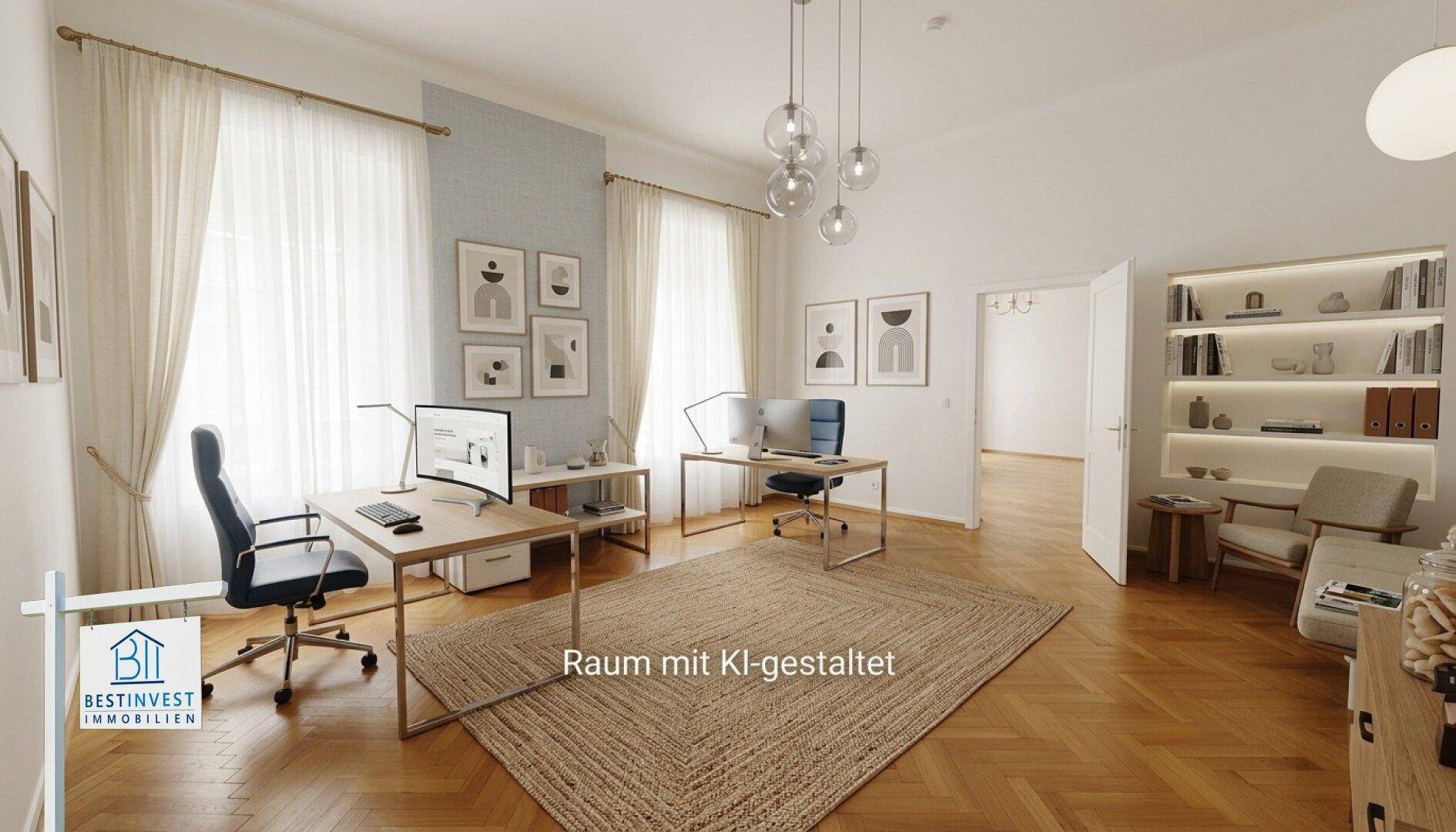 Helles und geräumiges Büro mit Fischgrätparkett, hohen Decken und moderner Einrichtung.
