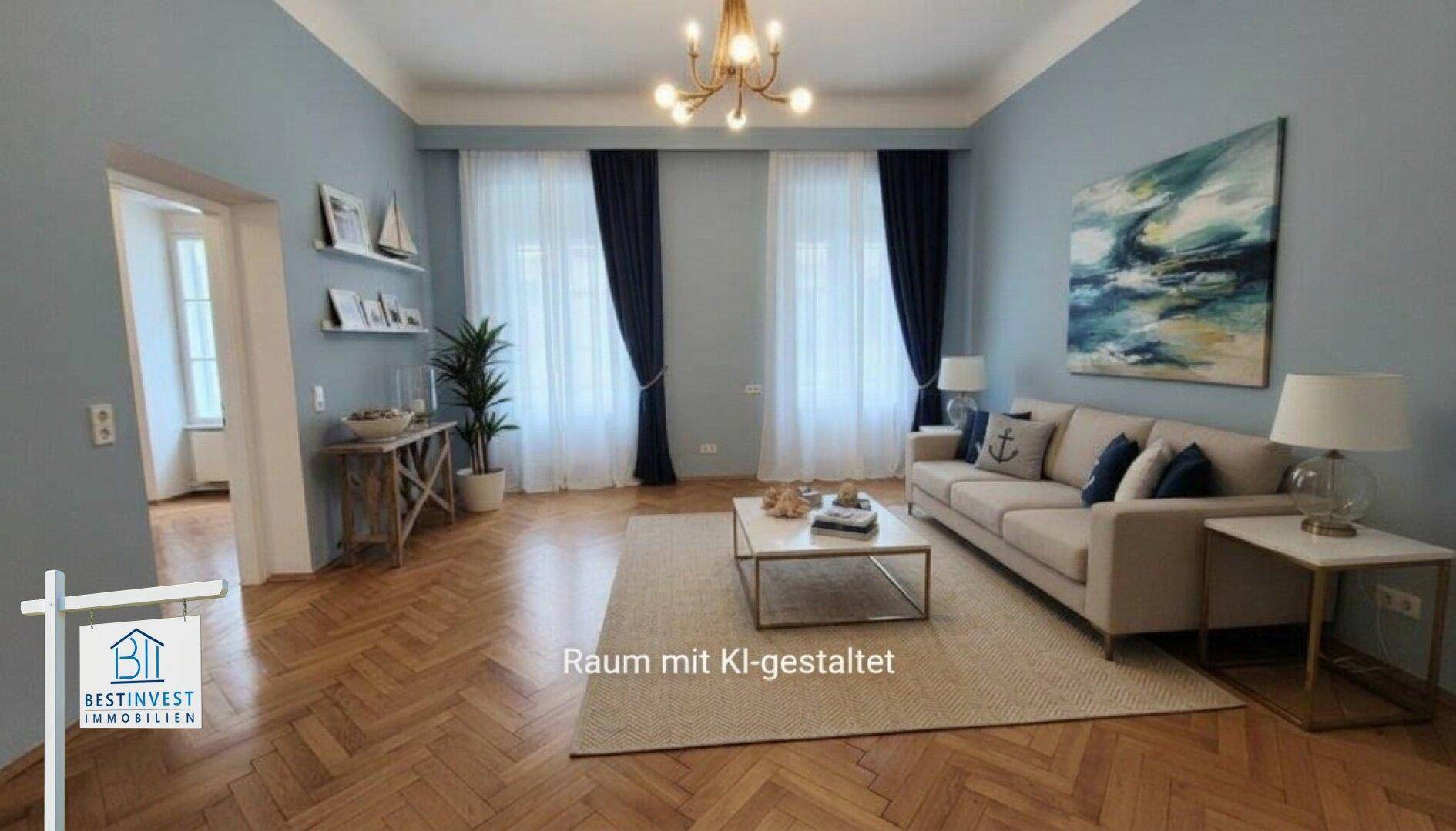 Elegantes Wohnzimmer mit Fischgrätparkett, blauen Akzenten und moderner Kunst.